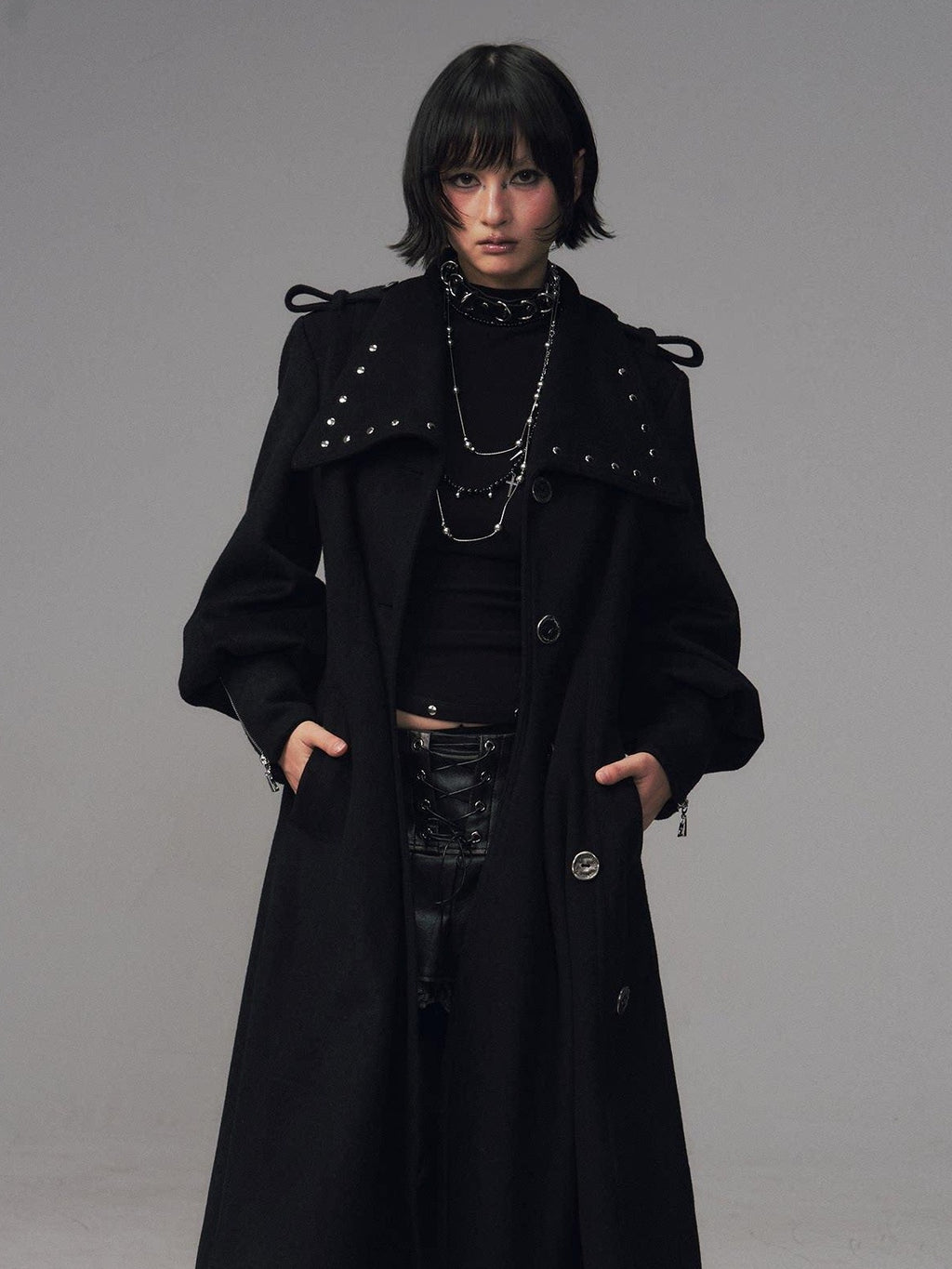 Frustration Garden Studded Asymmetric Slim Vintage Office Wool Blend Black Women Long Coats