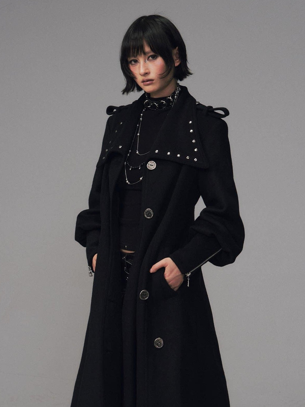 Frustration Garden Studded Asymmetric Slim Vintage Office Wool Blend Black Women Long Coats