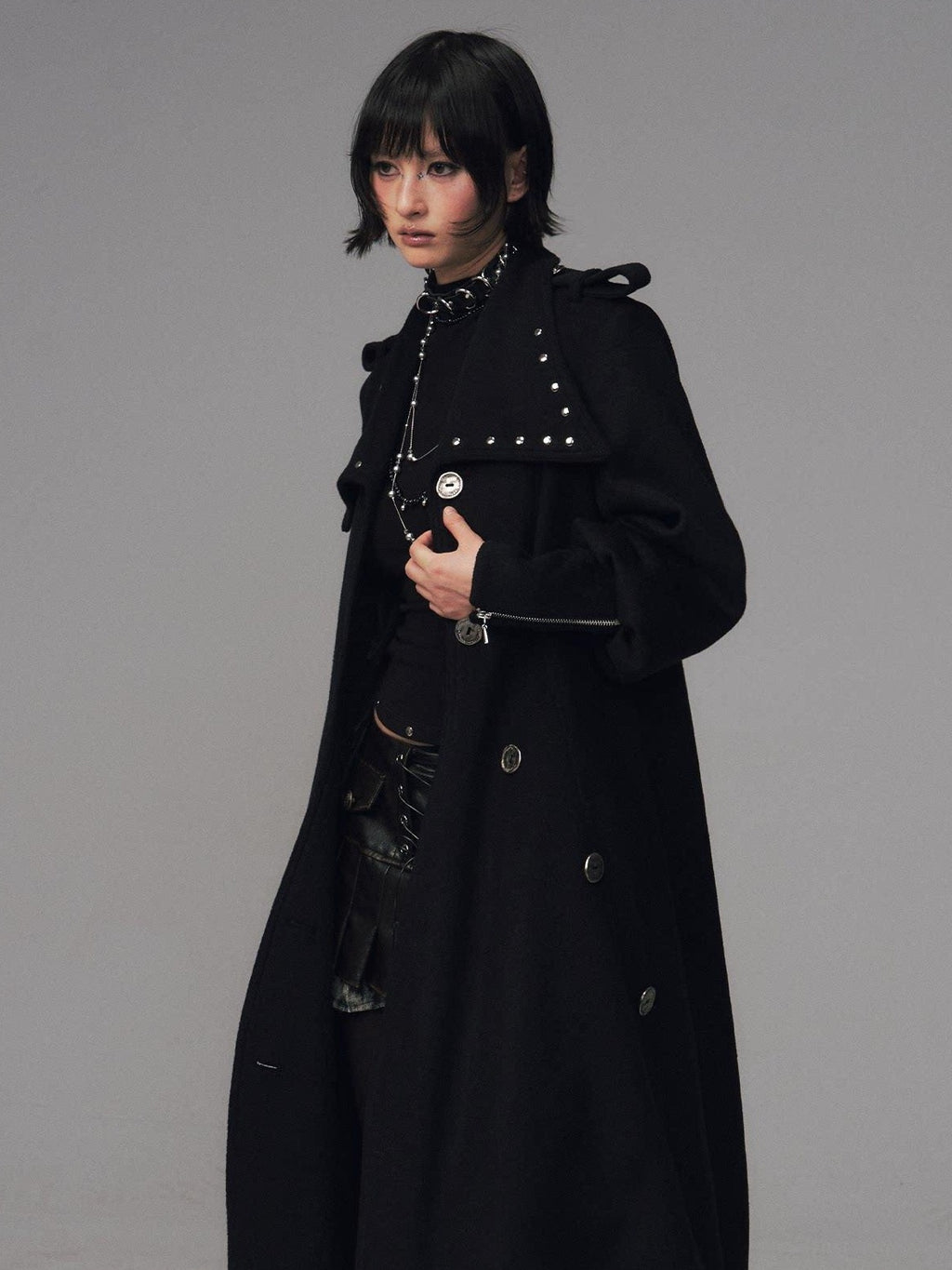 Frustration Garden Studded Asymmetric Slim Vintage Office Wool Blend Black Women Long Coats