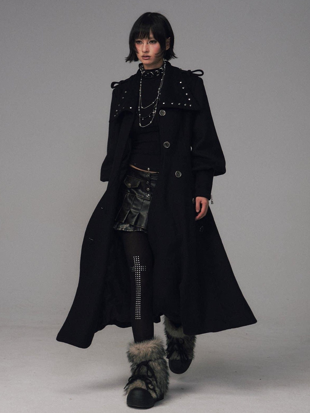 Frustration Garden Studded Asymmetric Slim Vintage Office Wool Blend Black Women Long Coats