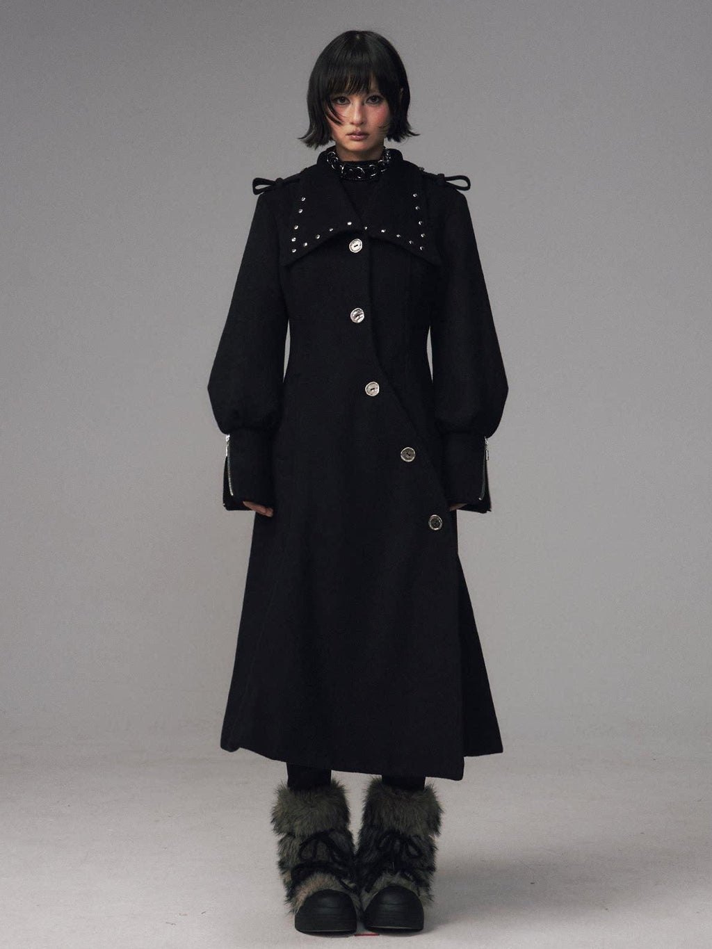 Frustration Garden Studded Asymmetric Slim Vintage Office Wool Blend Black Women Long Coats