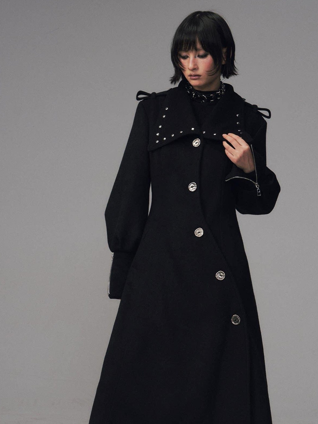 Frustration Garden Studded Asymmetric Slim Vintage Office Wool Blend Black Women Long Coats