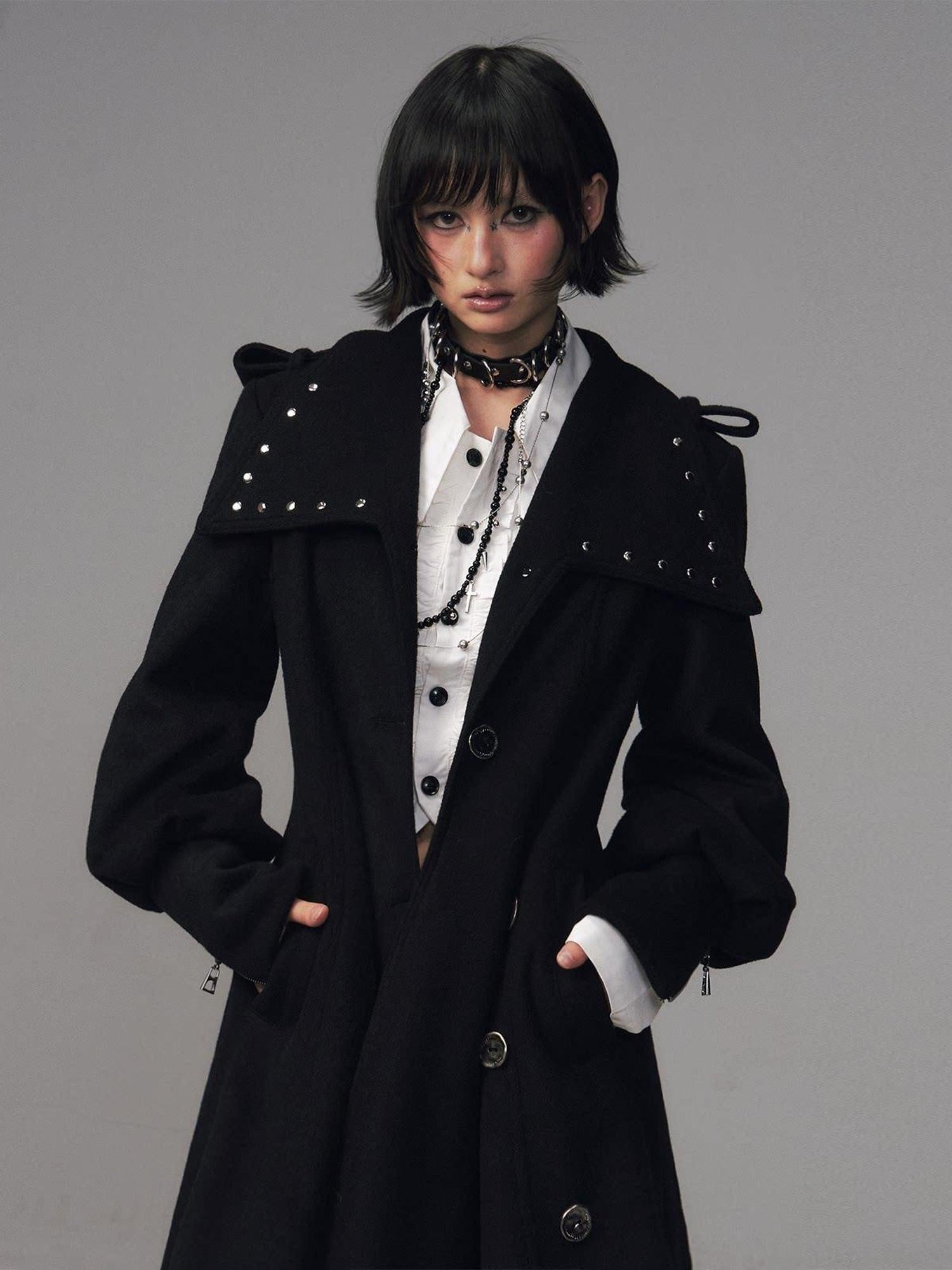 Frustration Garden Studded Asymmetric Slim Vintage Office Wool Blend Black Women Long Coats