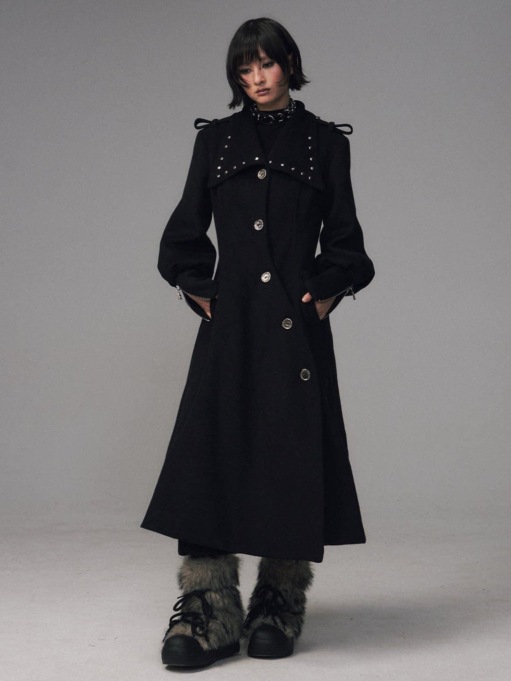 Frustration Garden Studded Asymmetric Slim Vintage Office Wool Blend Black Women Long Coats