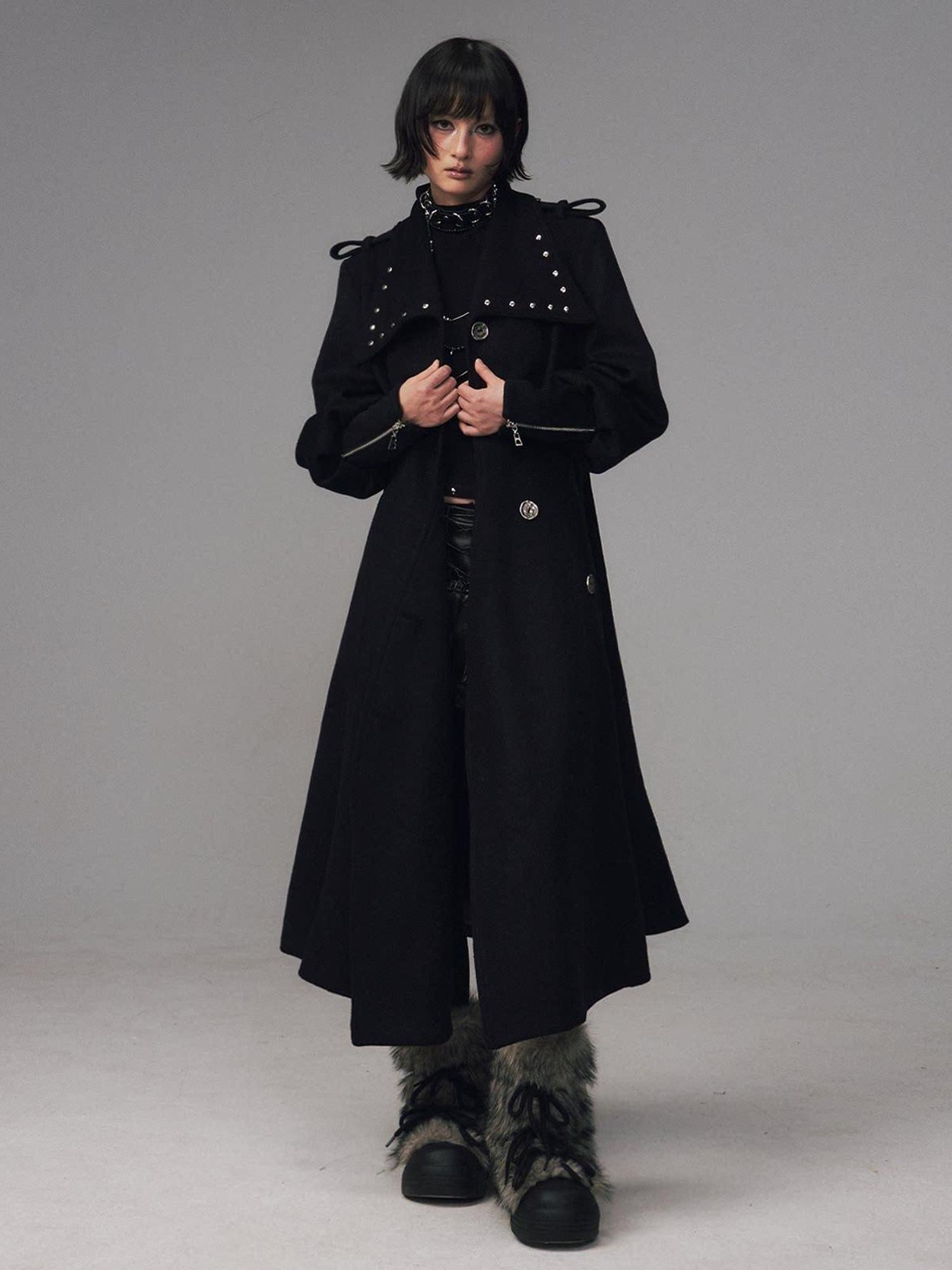 Frustration Garden Studded Asymmetric Slim Vintage Office Wool Blend Black Women Long Coats