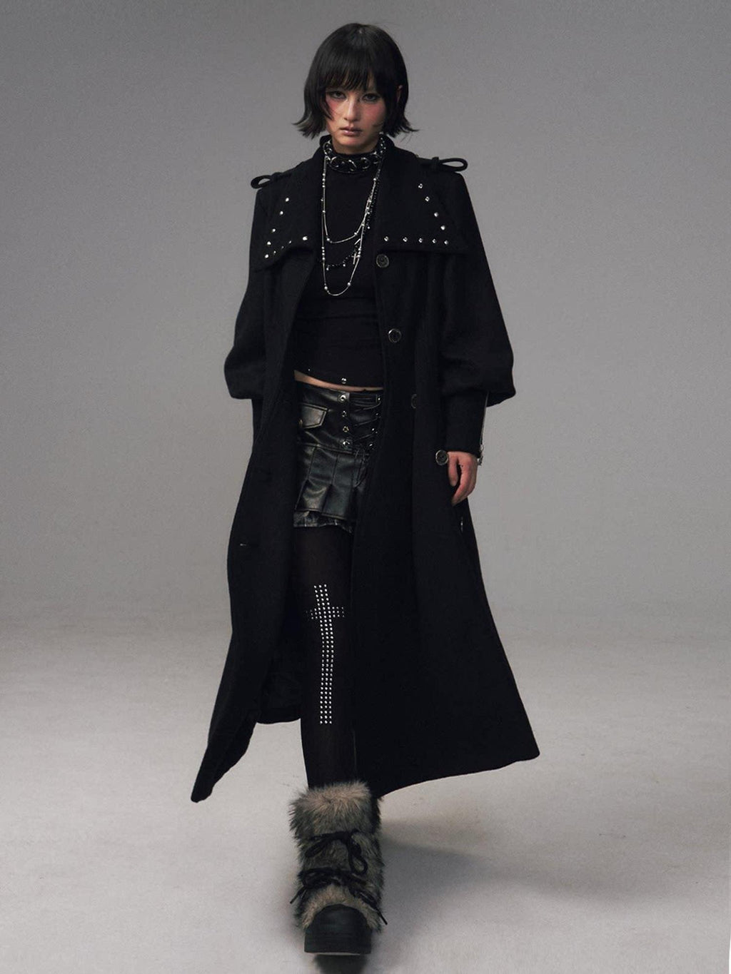Frustration Garden Studded Asymmetric Slim Vintage Office Wool Blend Black Women Long Coats