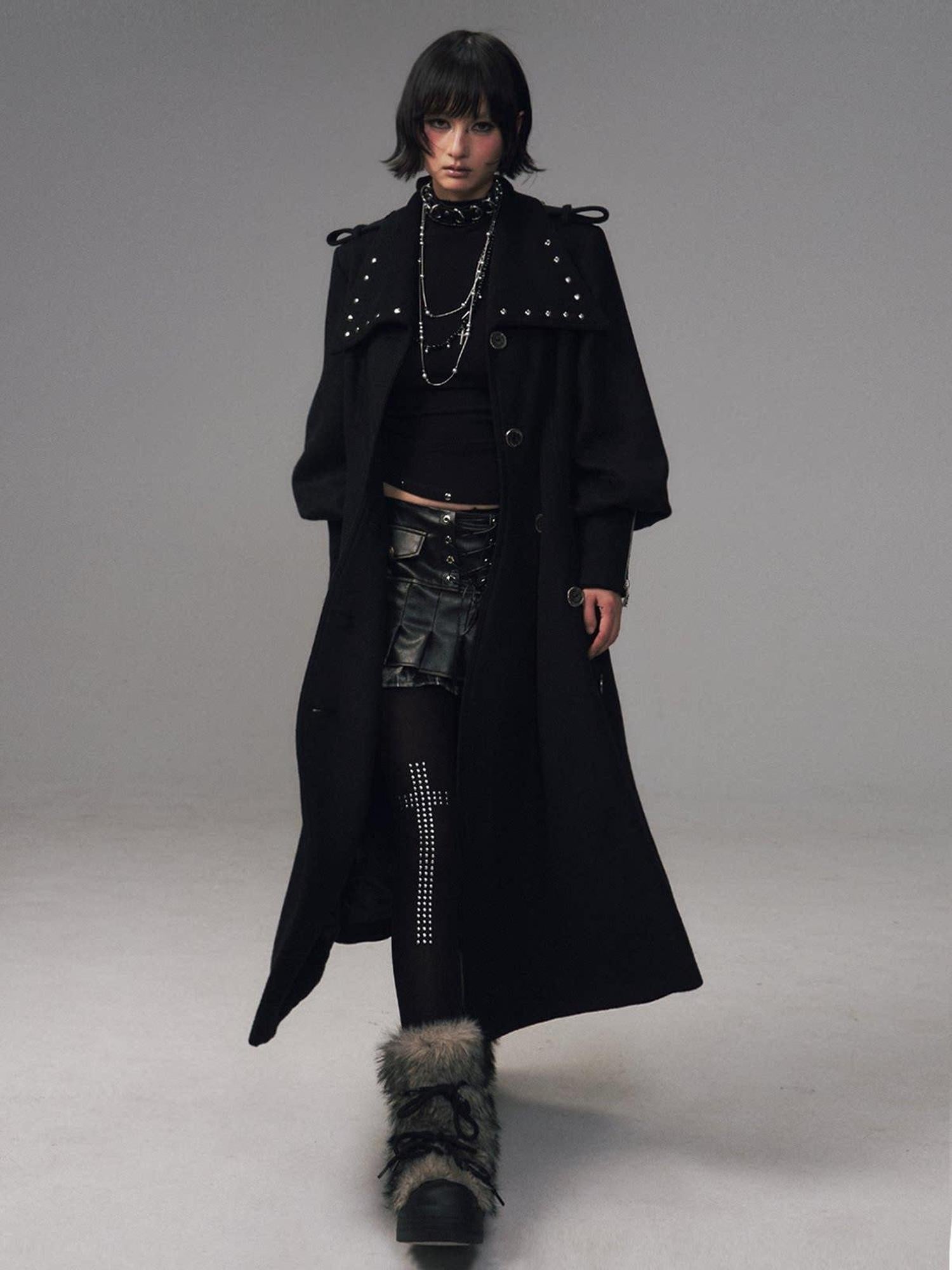 Frustration Garden Studded Asymmetric Slim Vintage Office Wool Blend Black Women Long Coats
