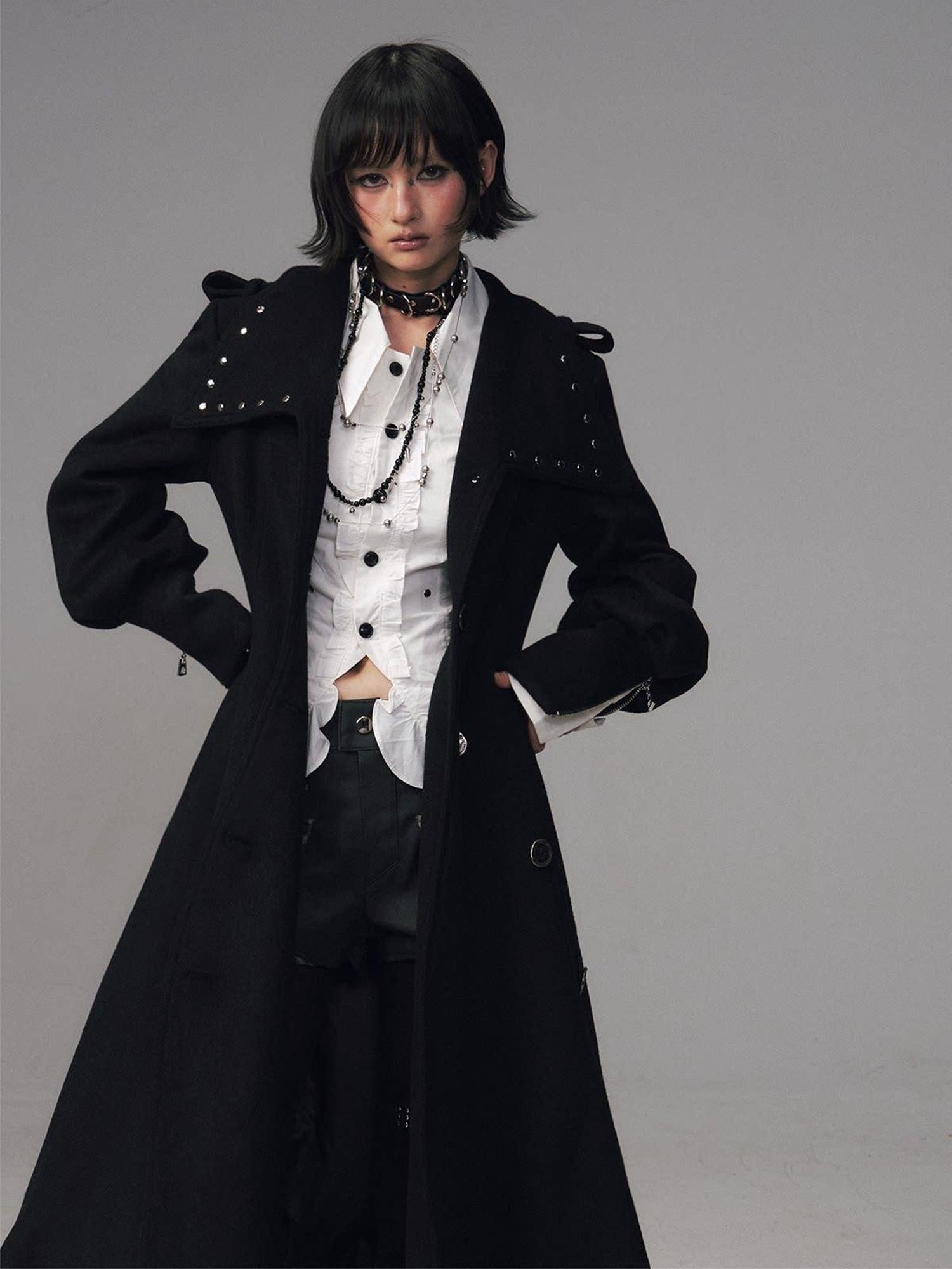 Frustration Garden Studded Asymmetric Slim Vintage Office Wool Blend Black Women Long Coats