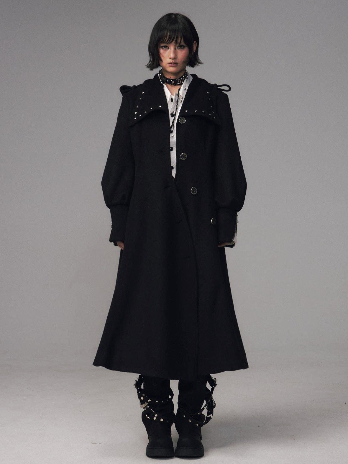 Frustration Garden Studded Asymmetric Slim Vintage Office Wool Blend Black Women Long Coats