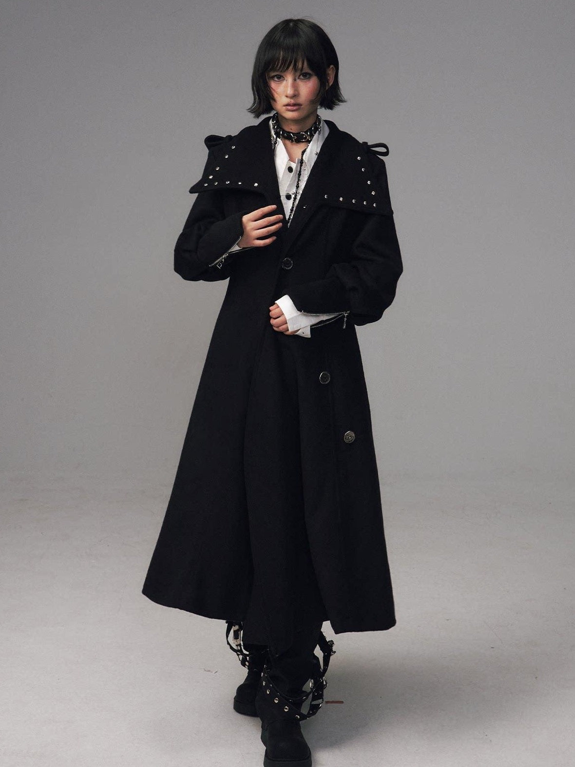 Frustration Garden Studded Asymmetric Slim Vintage Office Wool Blend Black Women Long Coats