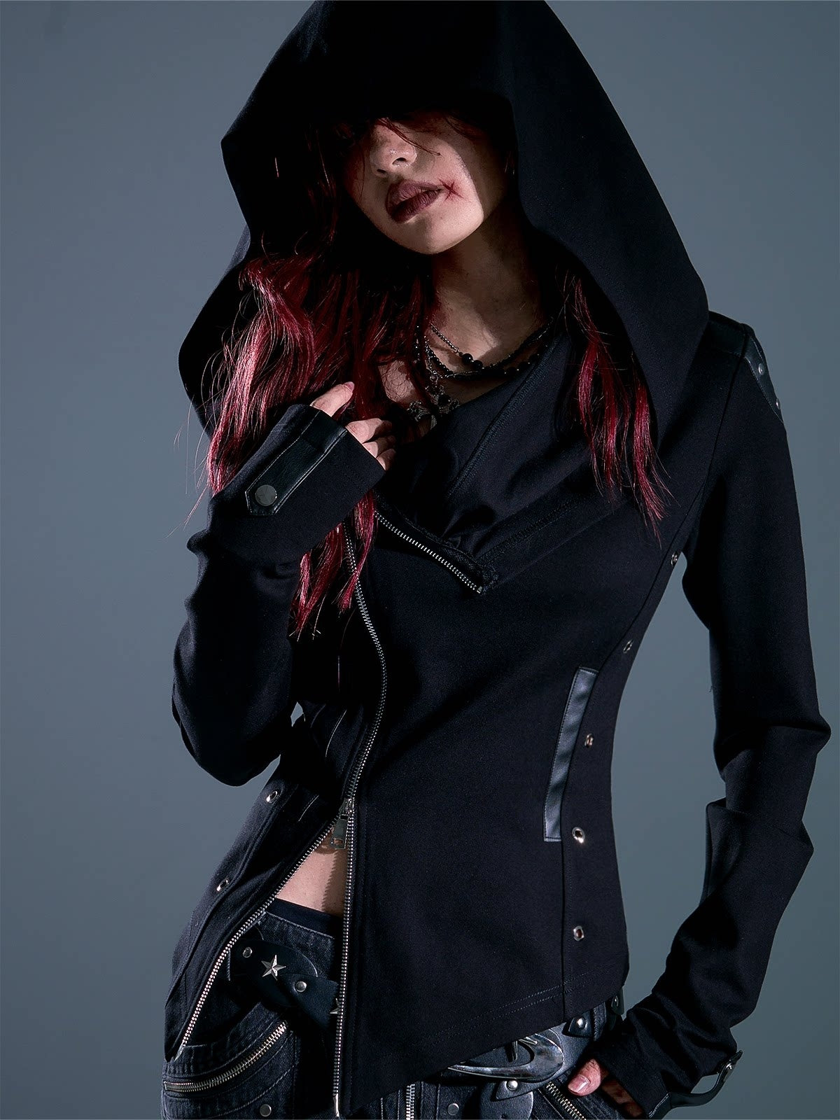 Frustration_Garden_Studded_Hooded_Punk_Slim_Fit_Asymmetric_Zipper_Black_Women_Cropped_Jackets_MISSTT