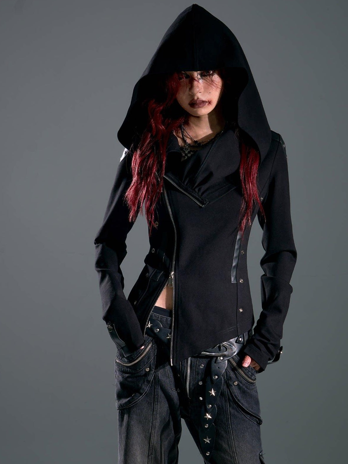 Frustration Garden Studded Hooded Punk Slim Fit Asymmetric Zipper Black Women Cropped Jackets