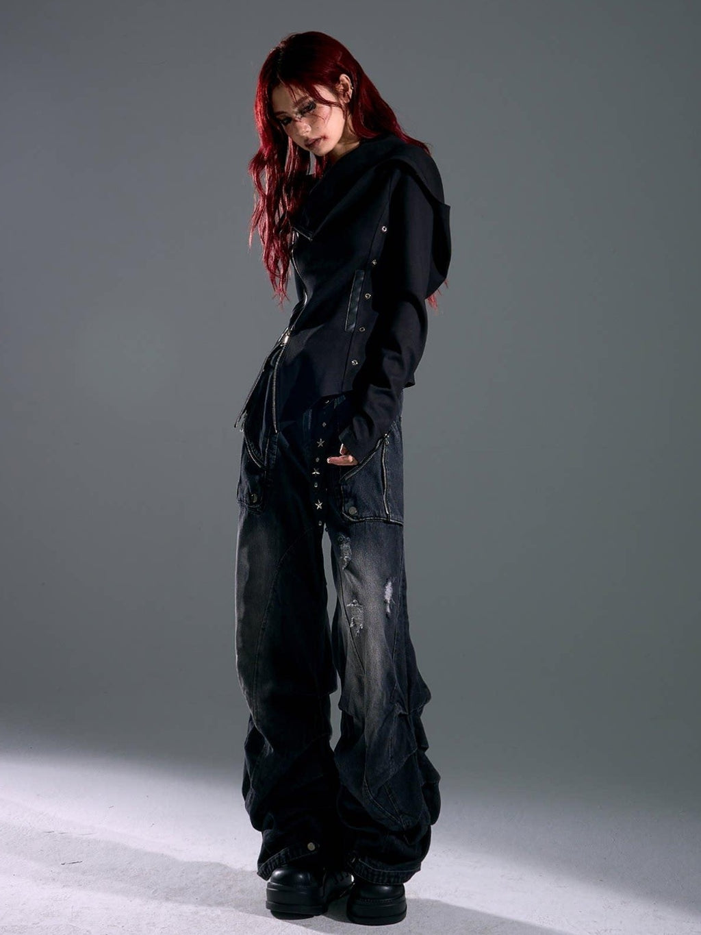 Frustration Garden Studded Hooded Punk Slim Fit Asymmetric Zipper Black Women Cropped Jackets