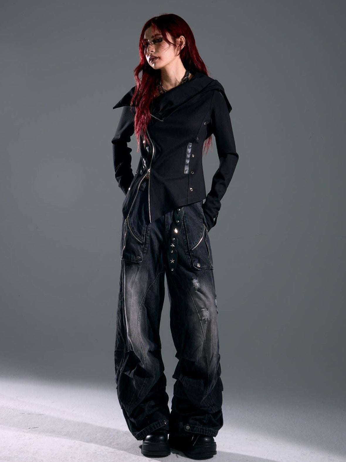 Frustration Garden Studded Hooded Punk Slim Fit Asymmetric Zipper Black Women Cropped Jackets