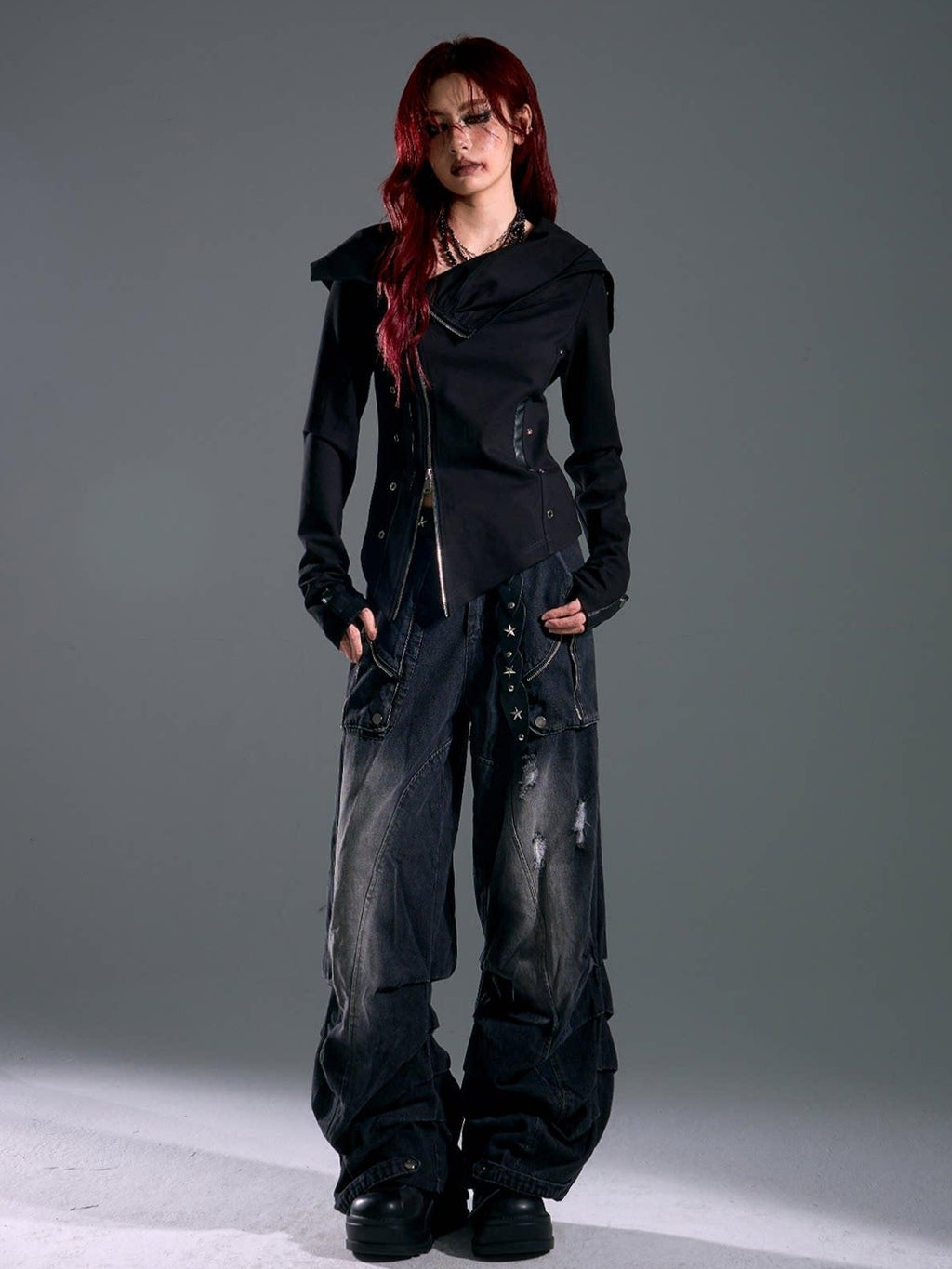 Frustration Garden Studded Hooded Punk Slim Fit Asymmetric Zipper Black Women Cropped Jackets
