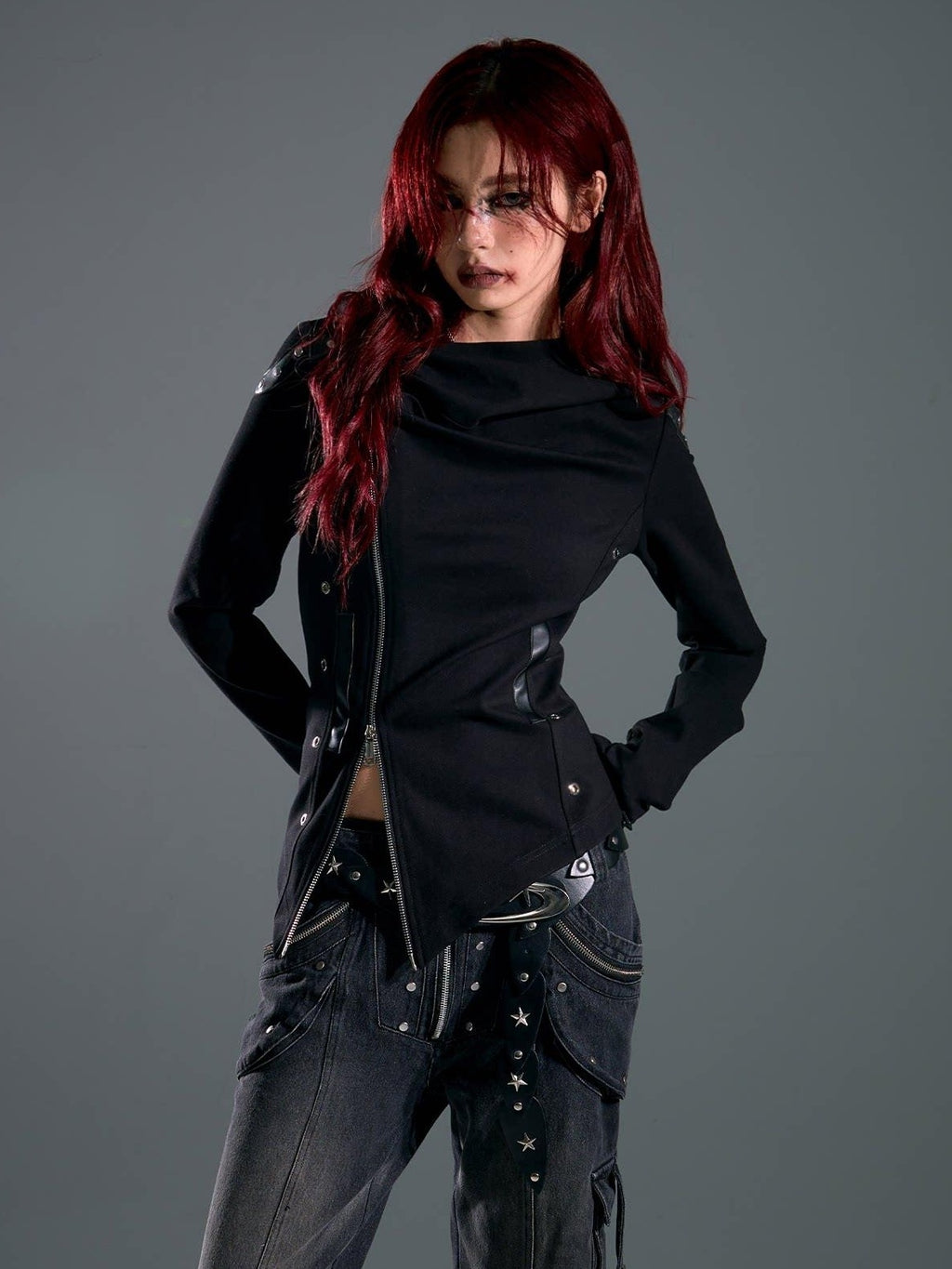 Frustration Garden Studded Hooded Punk Slim Fit Asymmetric Zipper Black Women Cropped Jackets