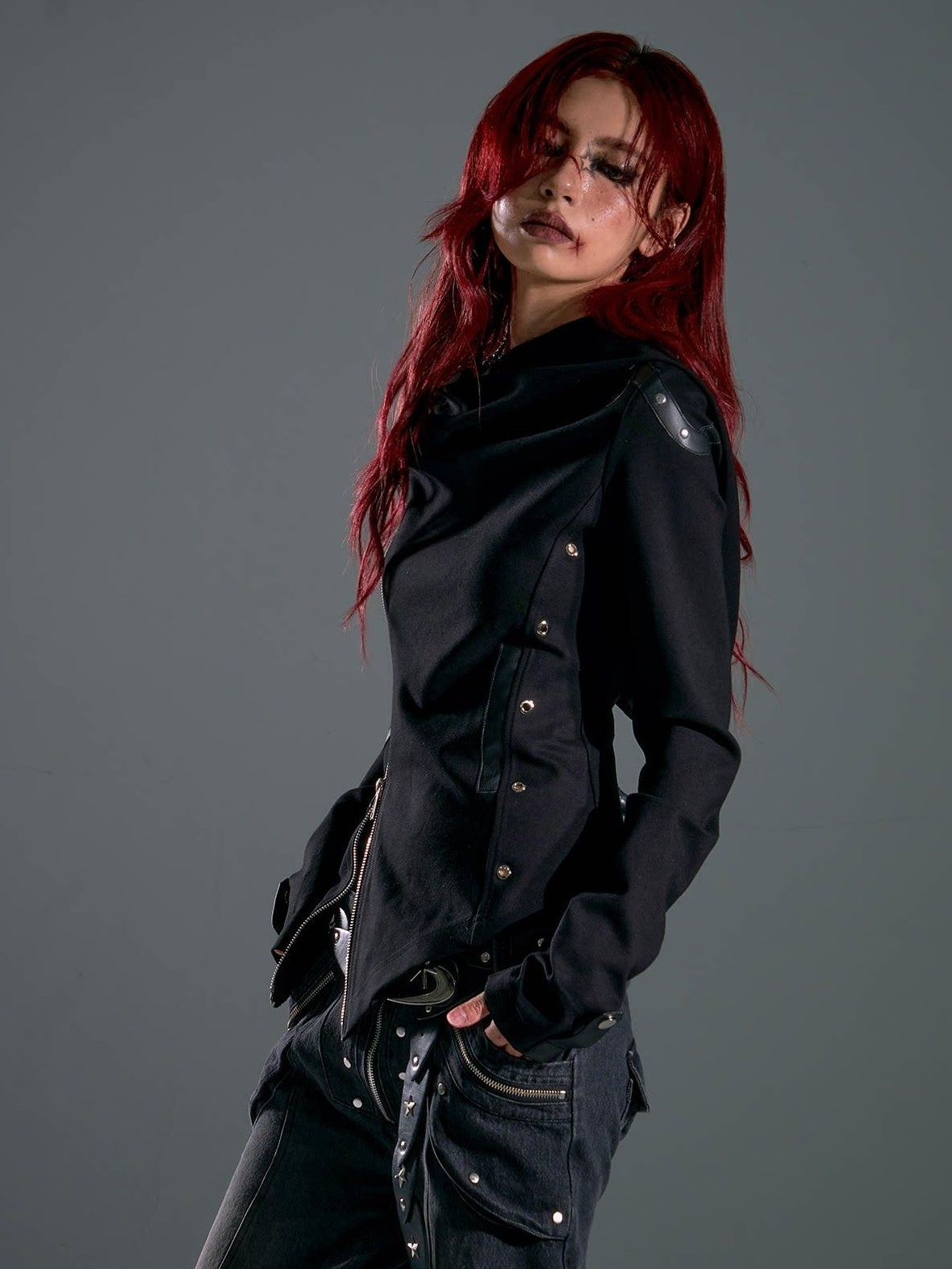 Frustration Garden Studded Hooded Punk Slim Fit Asymmetric Zipper Black Women Cropped Jackets