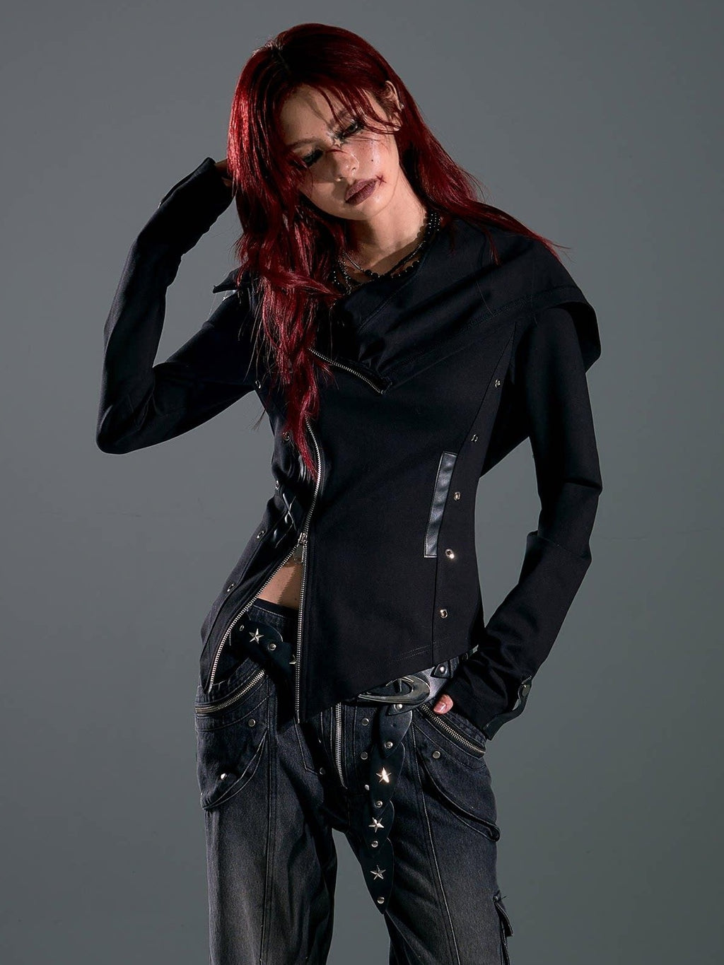 Frustration Garden Studded Hooded Punk Slim Fit Asymmetric Zipper Black Women Cropped Jackets