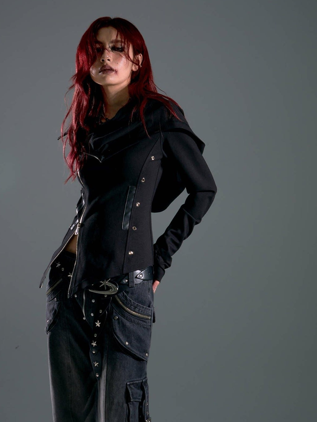 Frustration Garden Studded Hooded Punk Slim Fit Asymmetric Zipper Black Women Cropped Jackets