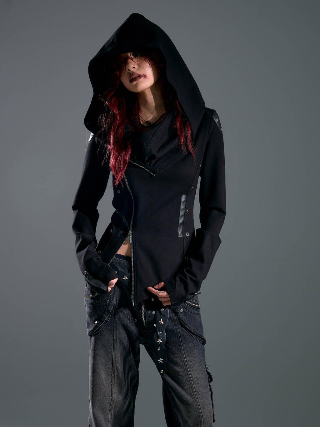 Frustration Garden Studded Hooded Punk Slim Fit Asymmetric Zipper Black Women Cropped Jackets