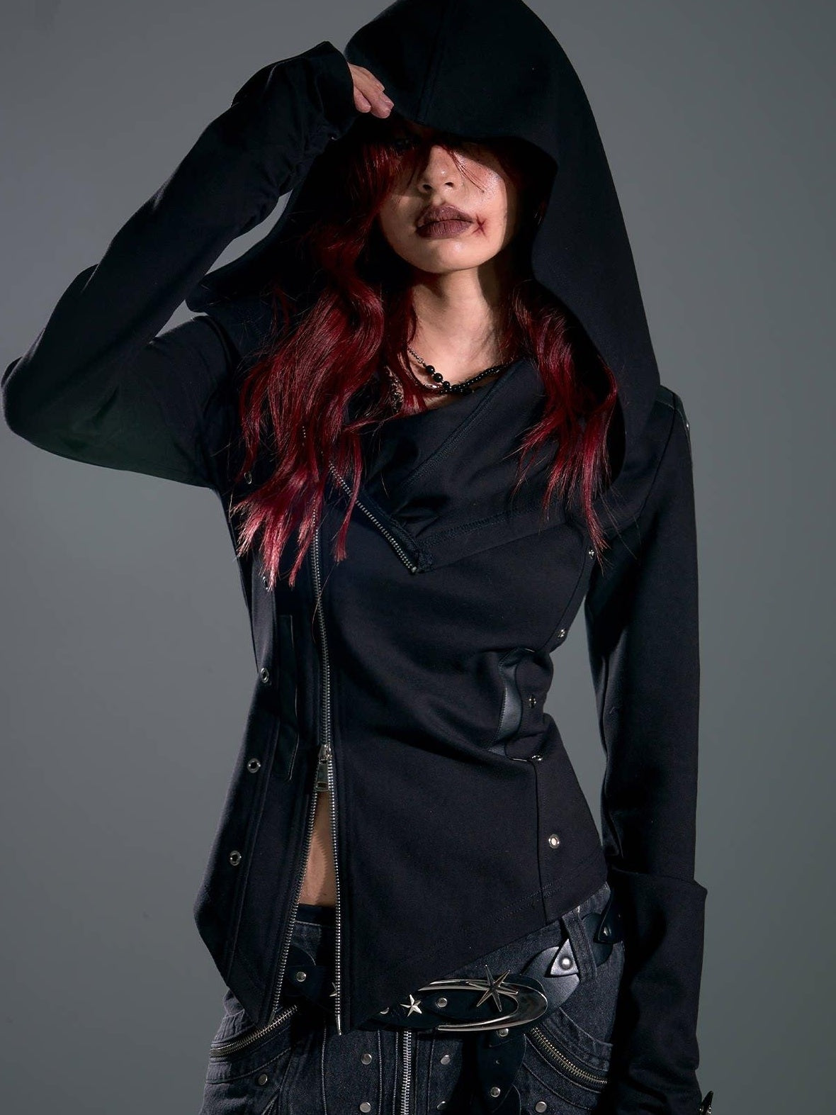 Frustration Garden Studded Hooded Punk Slim Fit Asymmetric Zipper Black Women Cropped Jackets