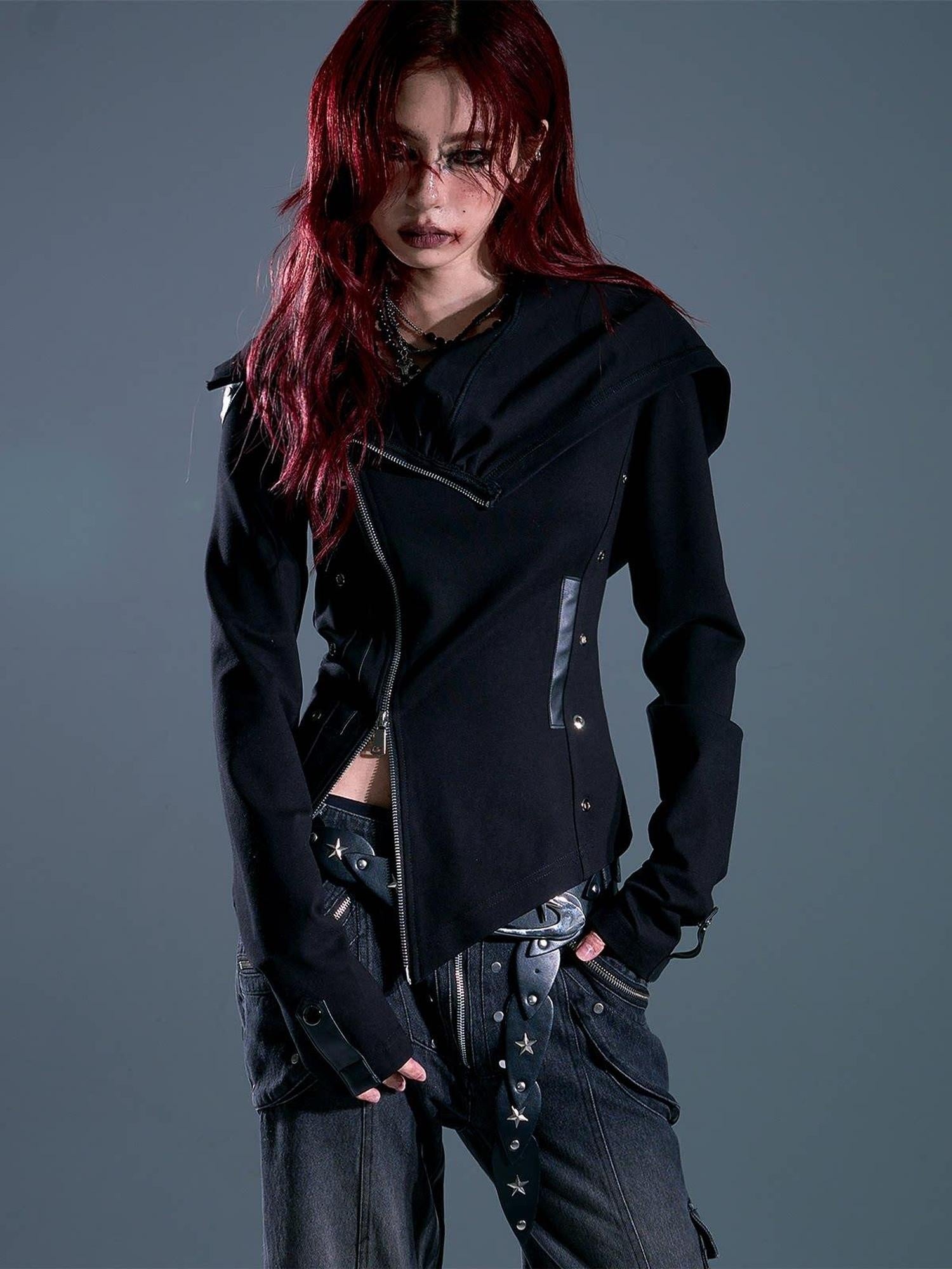 Frustration Garden Studded Hooded Punk Slim Fit Asymmetric Zipper Black Women Cropped Jackets