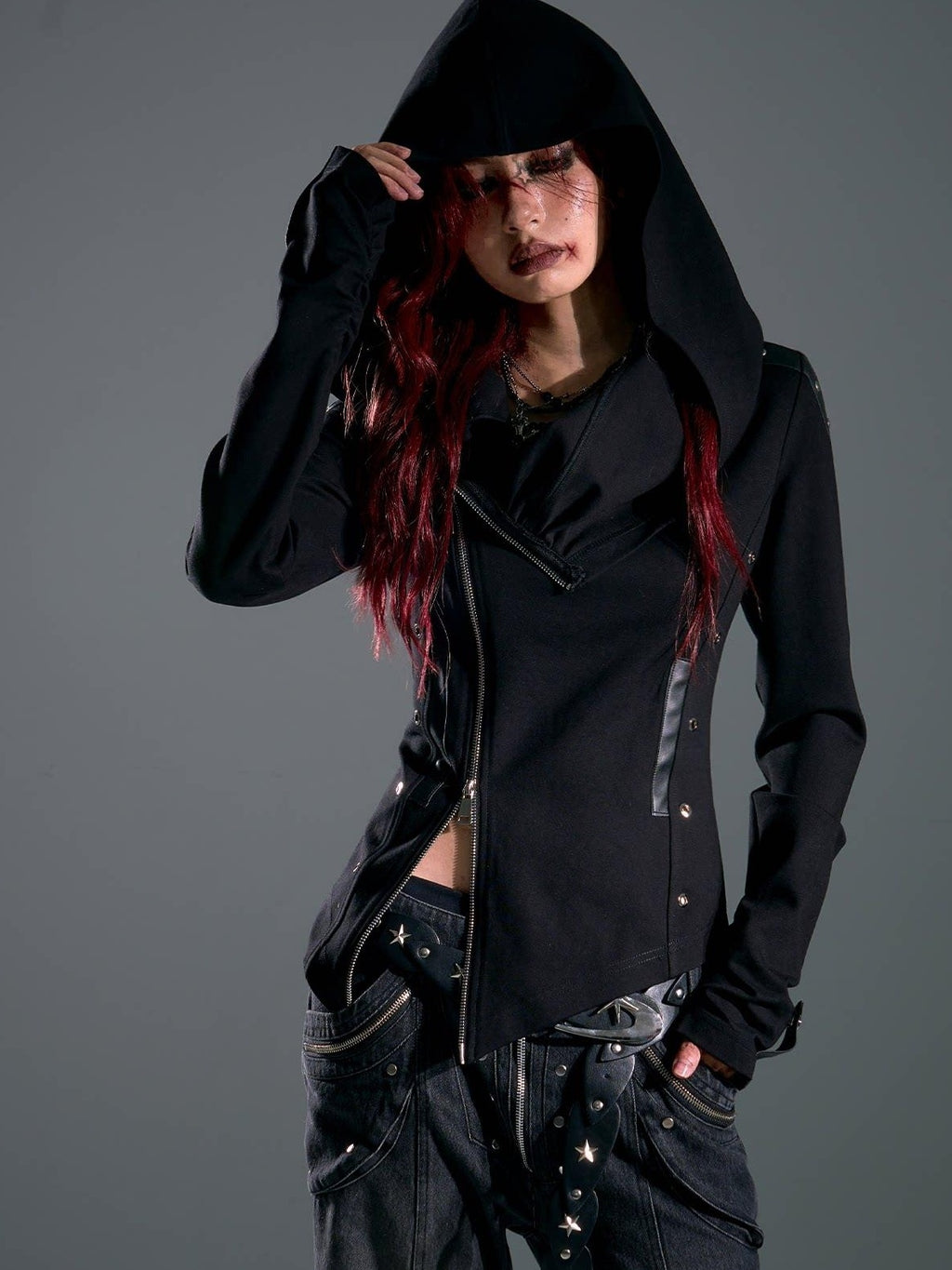 Frustration Garden Studded Hooded Punk Slim Fit Asymmetric Zipper Black Women Cropped Jackets
