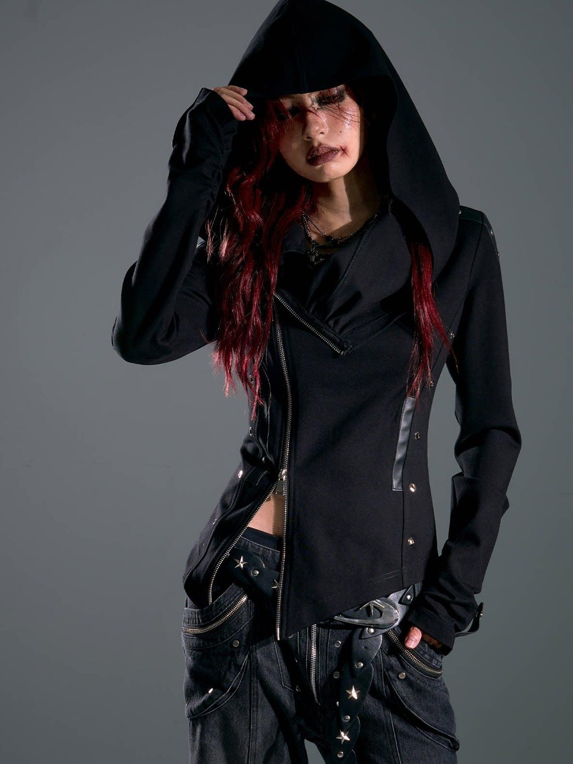 Frustration Garden Studded Hooded Punk Slim Fit Asymmetric Zipper Black Women Cropped Jackets