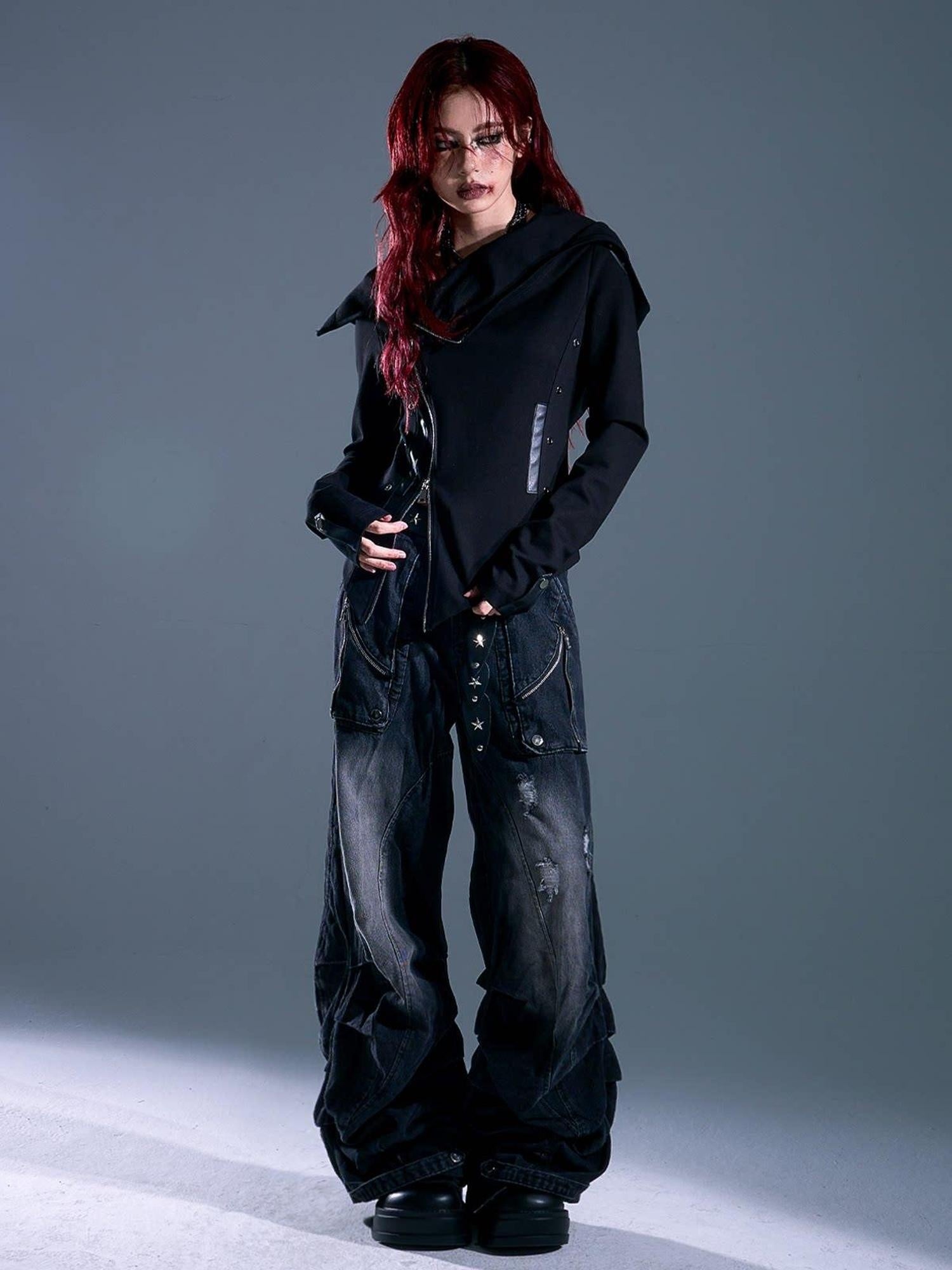 Frustration Garden Studded Hooded Punk Slim Fit Asymmetric Zipper Black Women Cropped Jackets