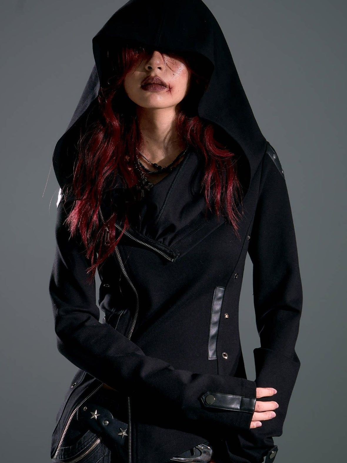 Frustration Garden Studded Hooded Punk Slim Fit Asymmetric Zipper Black Women Cropped Jackets