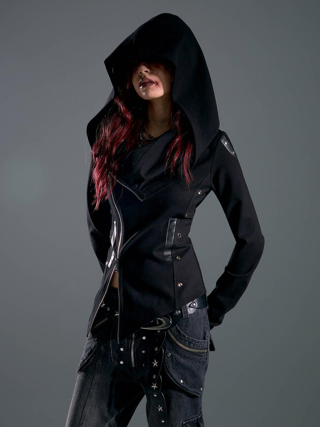 Frustration Garden Studded Hooded Punk Slim Fit Asymmetric Zipper Black Women Cropped Jackets