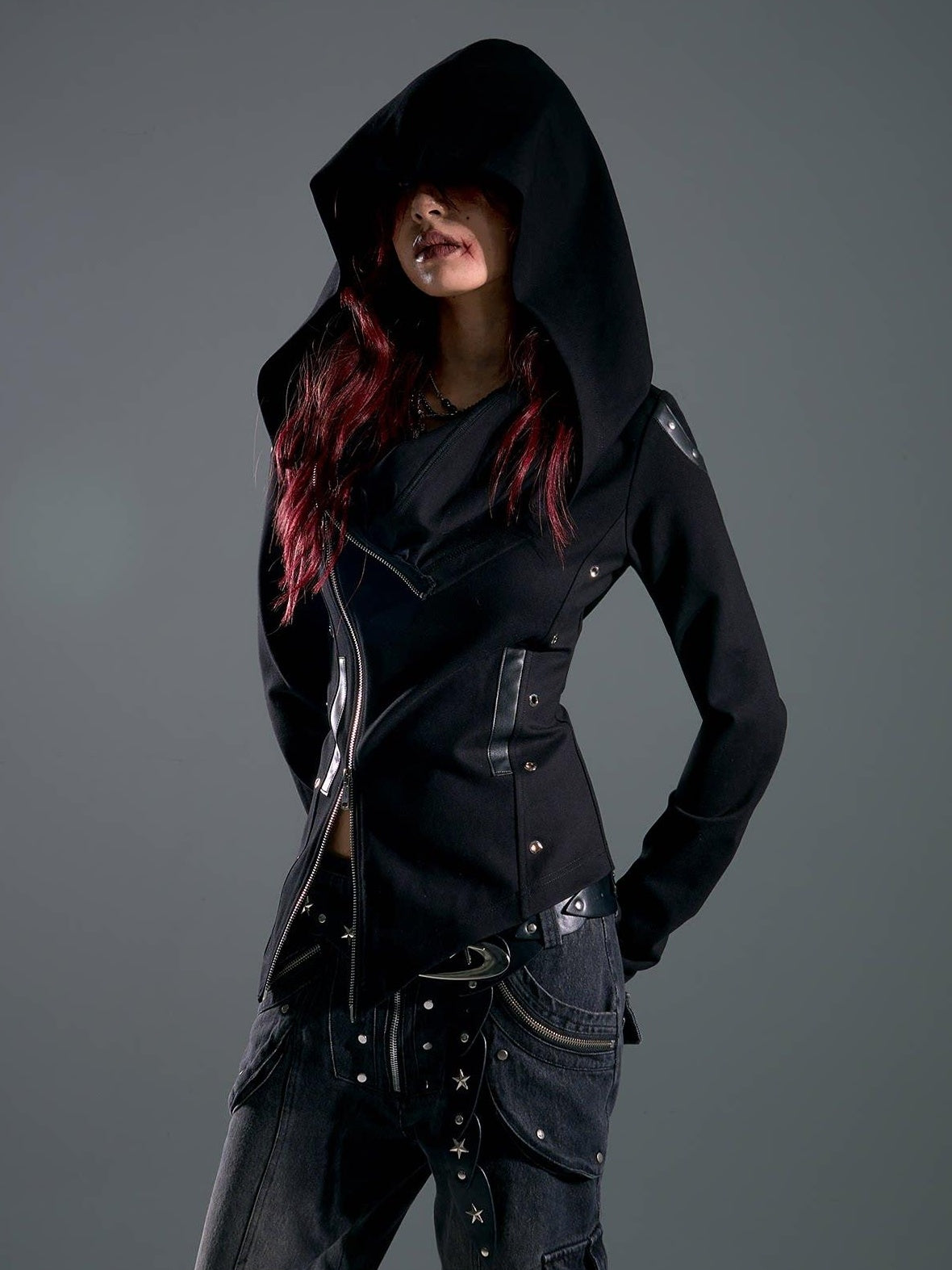 Frustration Garden Studded Hooded Punk Slim Fit Asymmetric Zipper Black Women Cropped Jackets