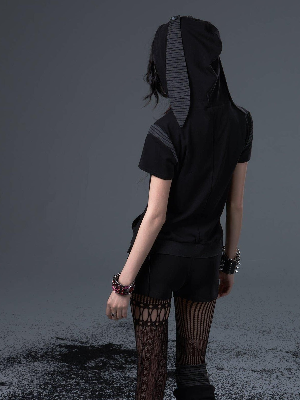 Frustration Garden Studded Patchwork Hooded Edgy For Women Striped Star Short Sleeve T-Shirts