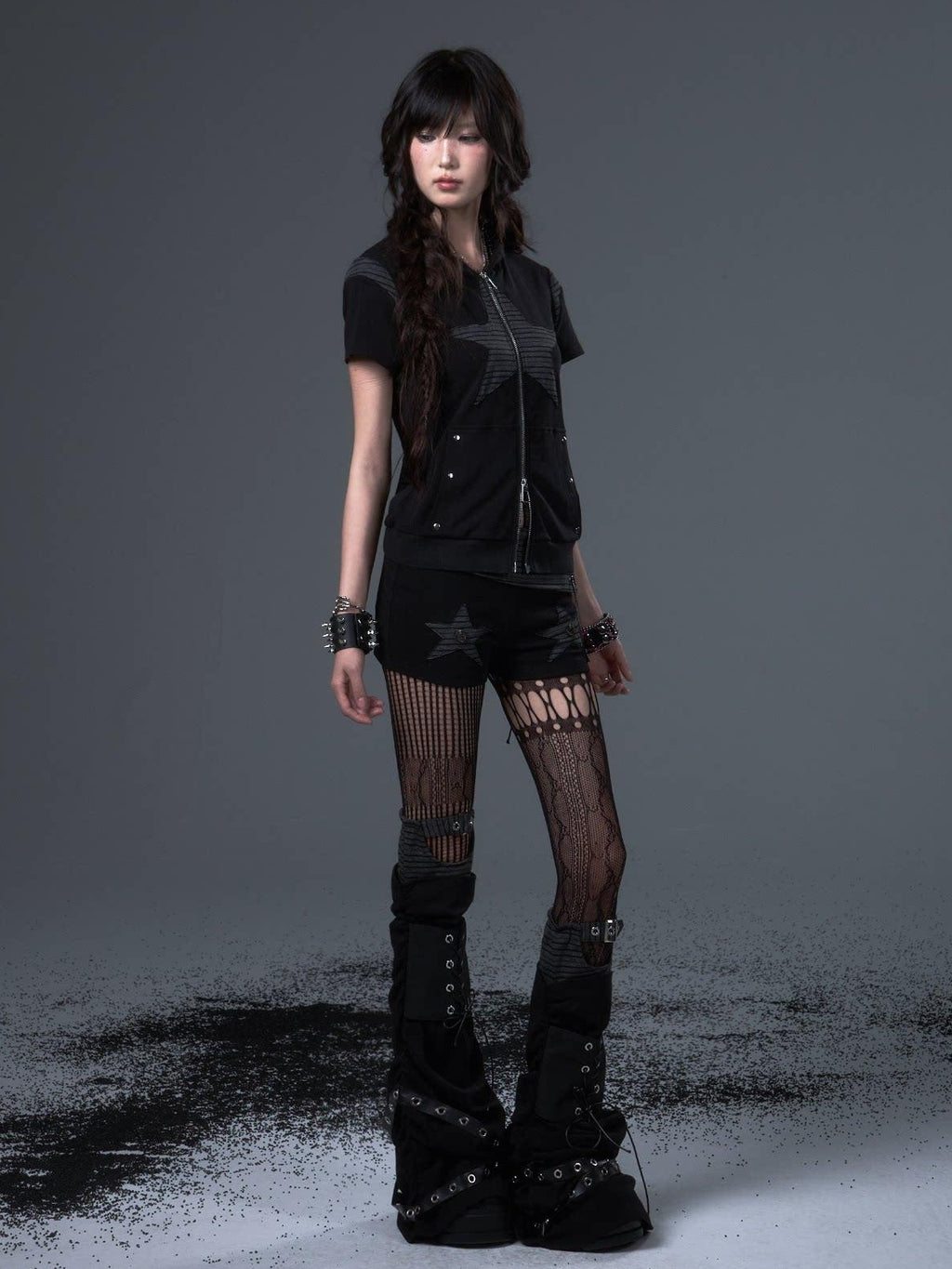 Frustration Garden Studded Patchwork Hooded Edgy For Women Striped Star Short Sleeve T-Shirts