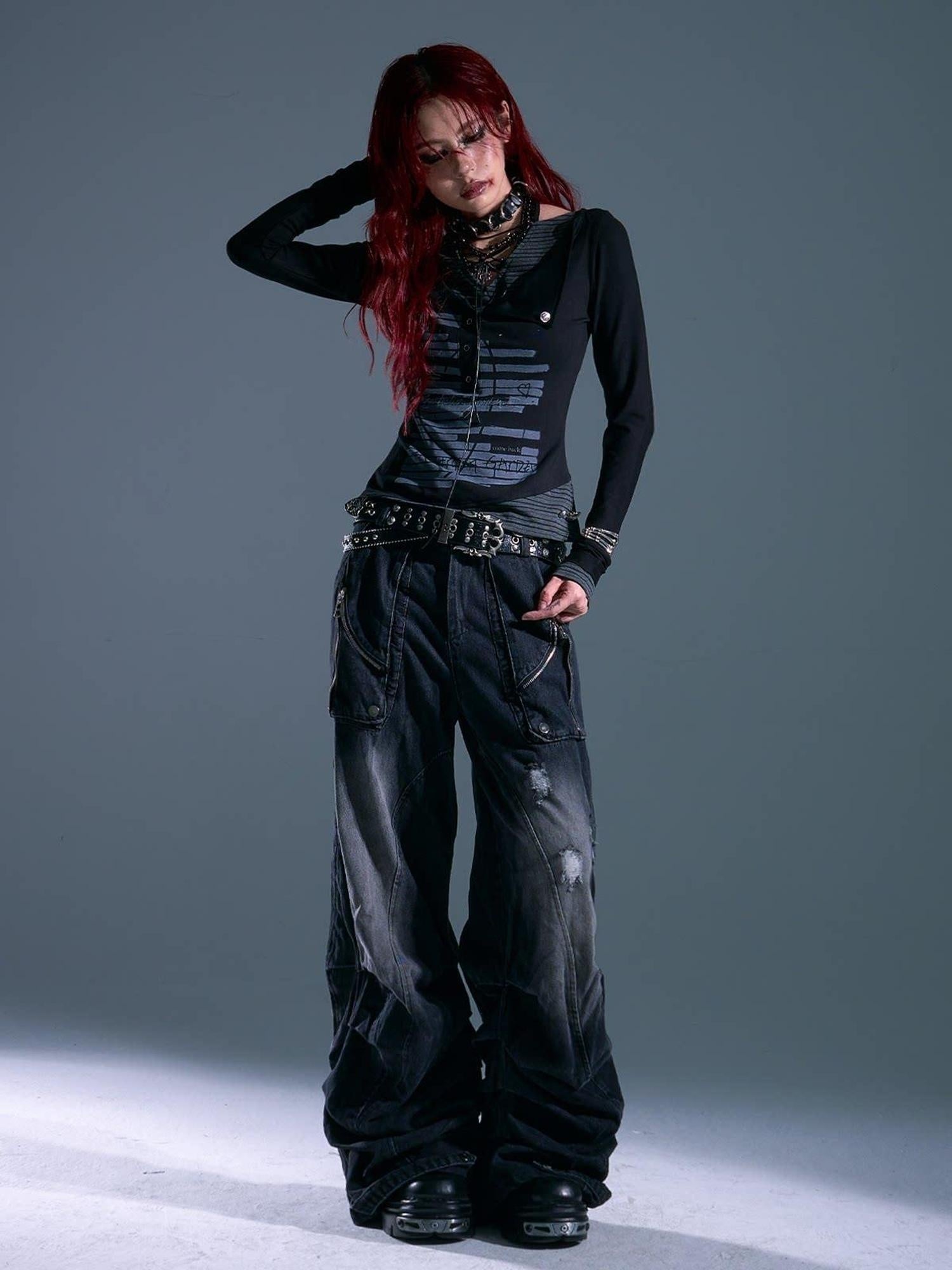 Frustration Garden Studded Punk Slim Fit Asymmetric Cropped Women Black Long Sleeve T-Shirts