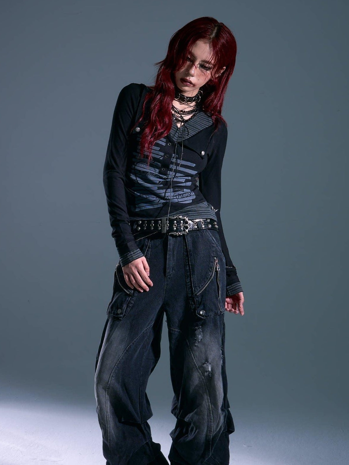 Frustration Garden Studded Punk Slim Fit Asymmetric Cropped Women Black Long Sleeve T-Shirts