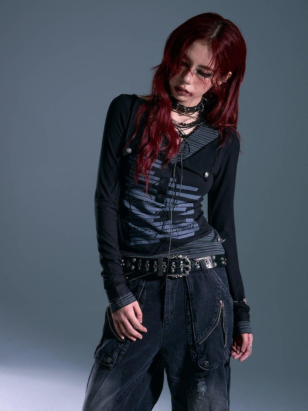 Frustration Garden Studded Punk Slim Fit Asymmetric Cropped Women Black Long Sleeve T-Shirts