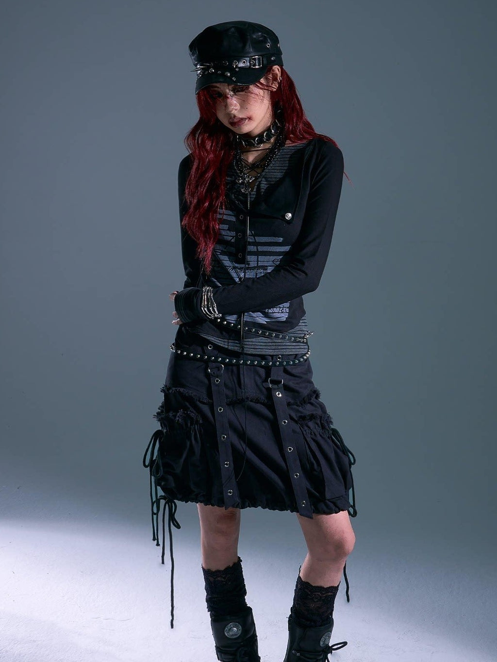 Frustration Garden Studded Punk Slim Fit Asymmetric Cropped Women Black Long Sleeve T-Shirts