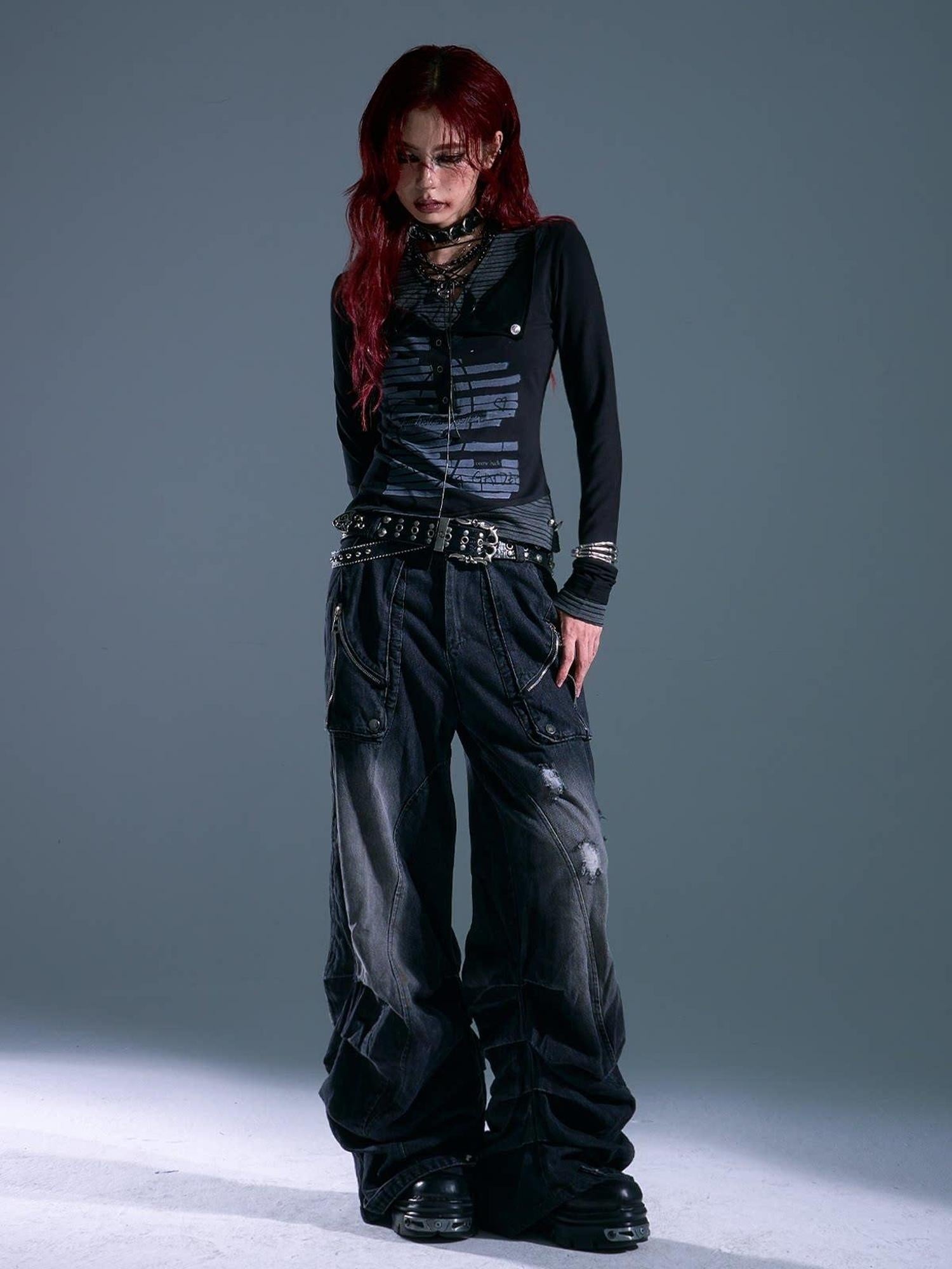 Frustration Garden Studded Punk Slim Fit Asymmetric Cropped Women Black Long Sleeve T-Shirts
