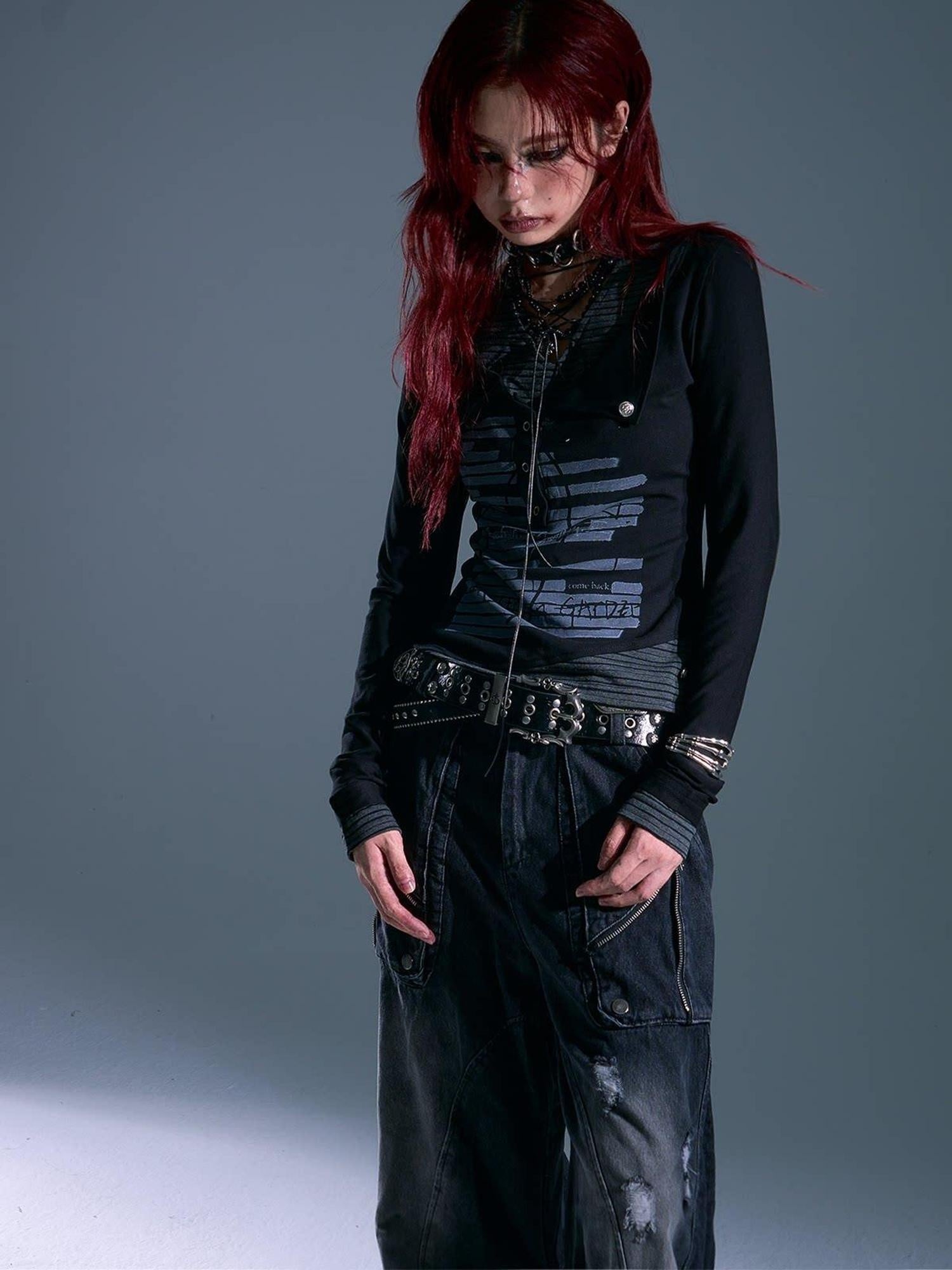 Frustration Garden Studded Punk Slim Fit Asymmetric Cropped Women Black Long Sleeve T-Shirts