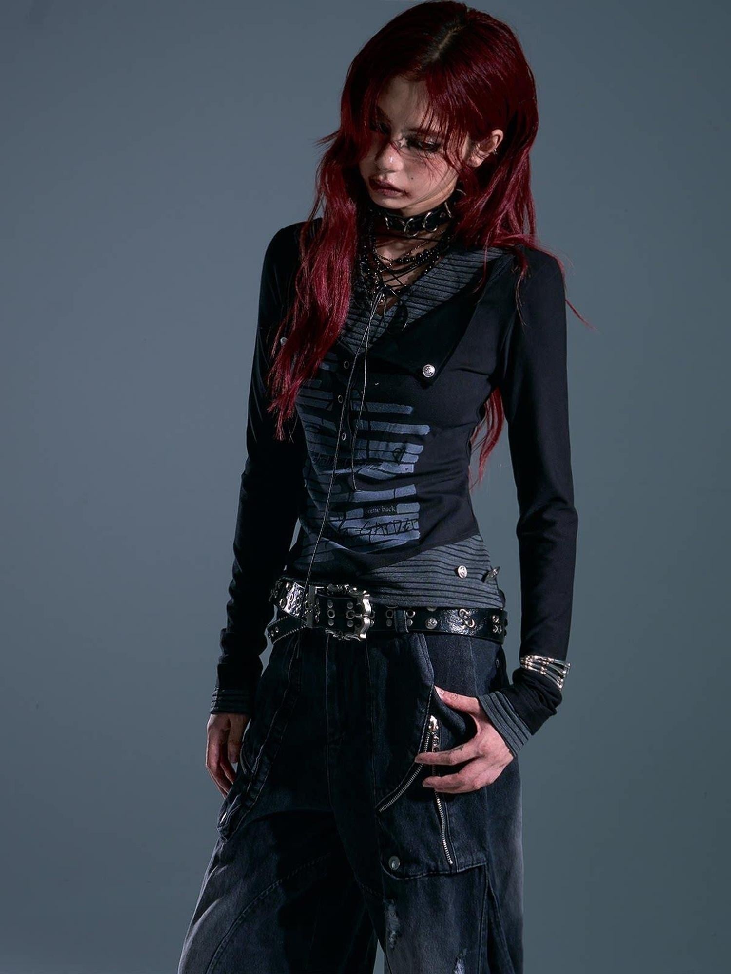 Frustration Garden Studded Punk Slim Fit Asymmetric Cropped Women Black Long Sleeve T-Shirts