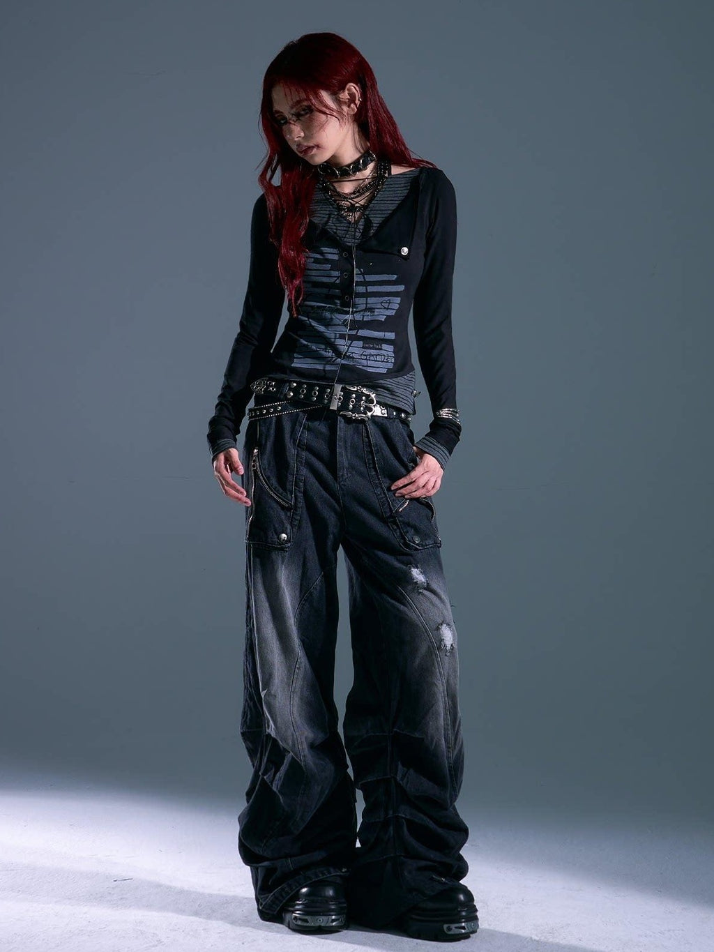 Frustration Garden Studded Punk Slim Fit Asymmetric Cropped Women Black Long Sleeve T-Shirts