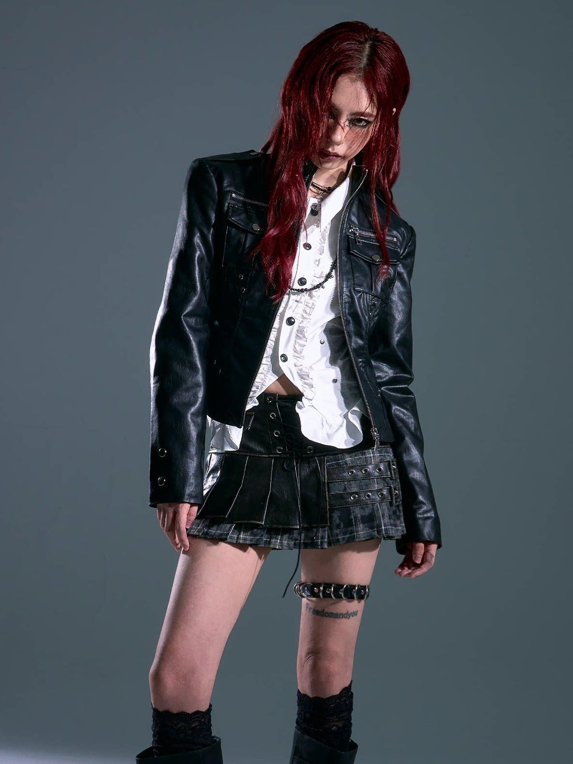 Frustration Garden Studded Slim Fit Streetwear Pu Cropped Stand Collar Black Zipper Leather Jackets