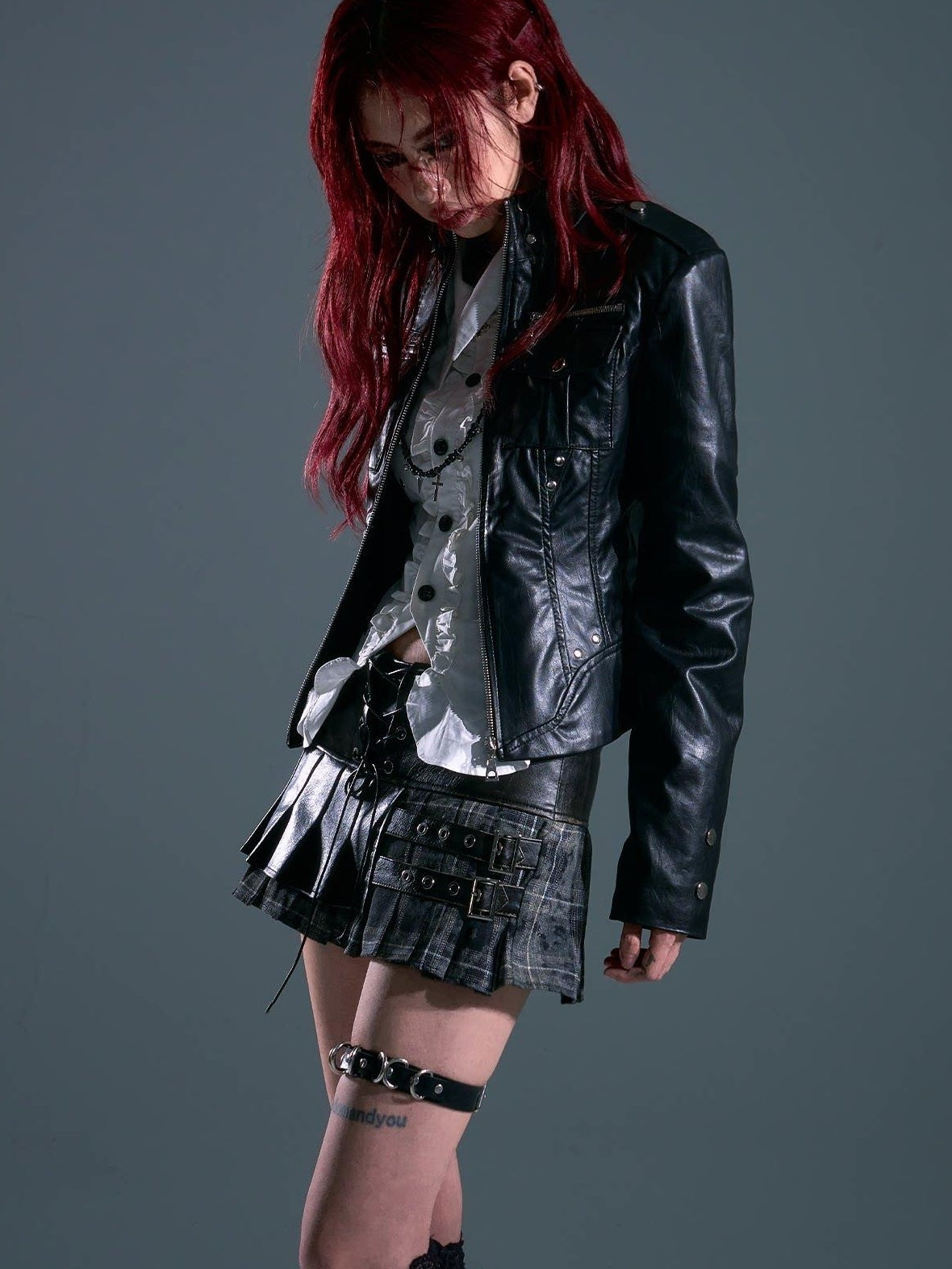 Frustration Garden Studded Slim Fit Streetwear Pu Cropped Stand Collar Black Zipper Leather Jackets
