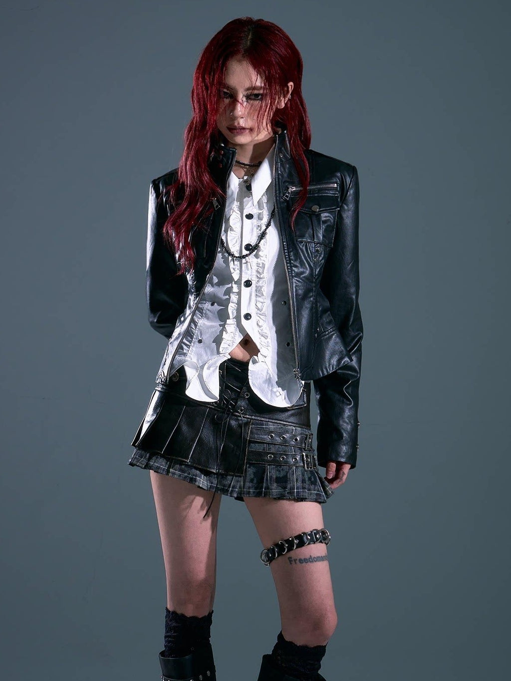 Frustration Garden Studded Slim Fit Streetwear Pu Cropped Stand Collar Black Zipper Leather Jackets