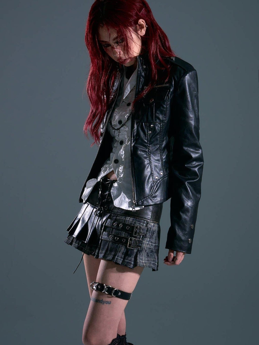 Frustration Garden Studded Slim Fit Streetwear Pu Cropped Stand Collar Black Zipper Leather Jackets