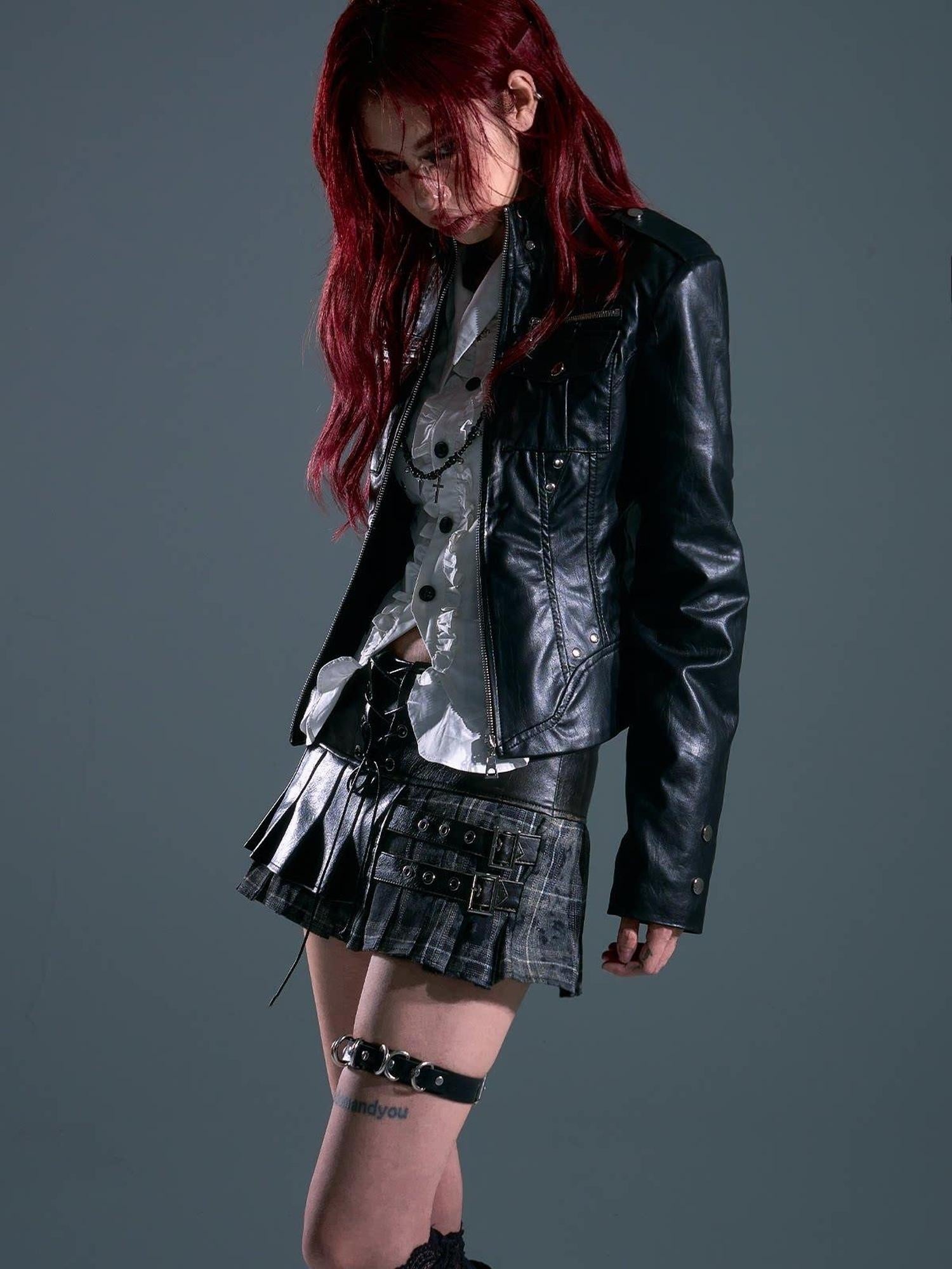 Frustration Garden Studded Slim Fit Streetwear Pu Cropped Stand Collar Black Zipper Leather Jackets