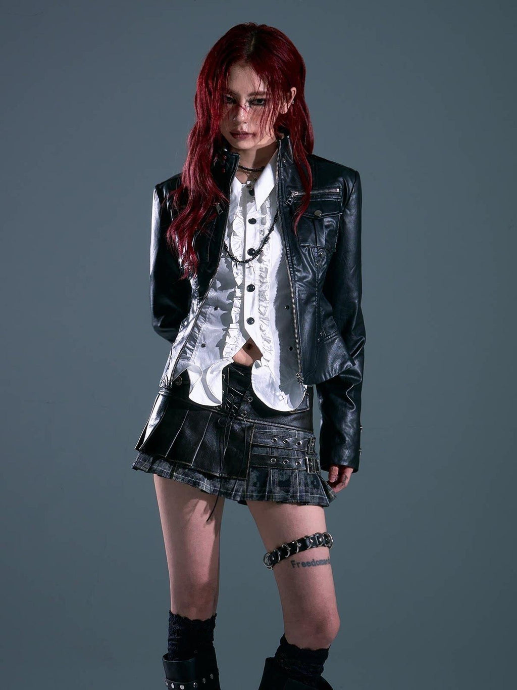 Frustration Garden Studded Slim Fit Streetwear Pu Cropped Stand Collar Black Zipper Leather Jackets