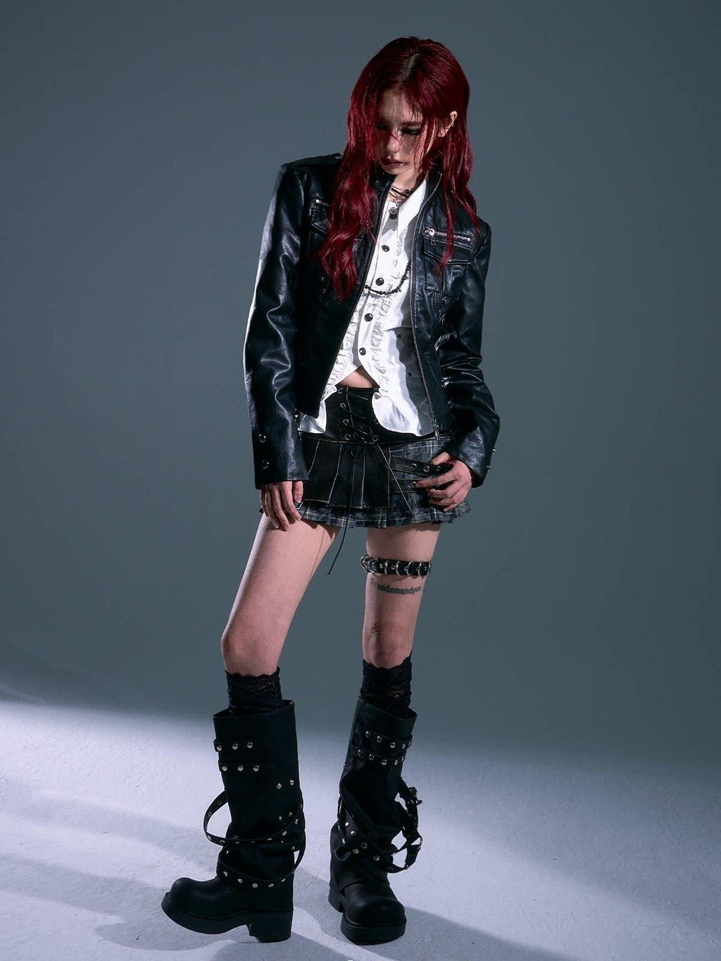 Frustration Garden Studded Slim Fit Streetwear Pu Cropped Stand Collar Black Zipper Leather Jackets