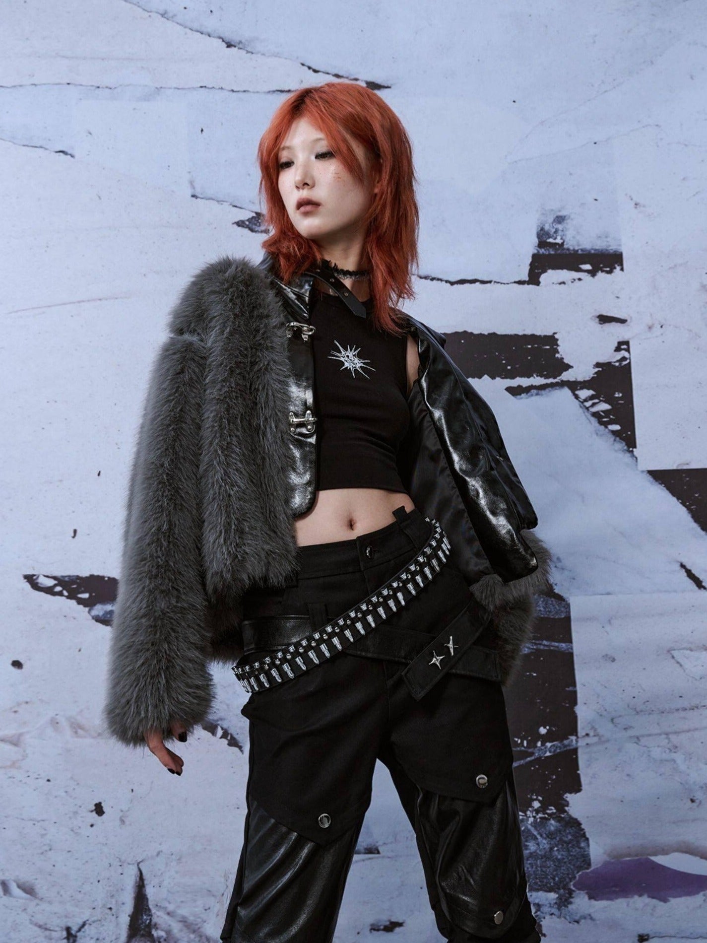 Frustration Garden Thick Insulated Loose Fit Half High Collar Women Grey Pu Cropped Jackets